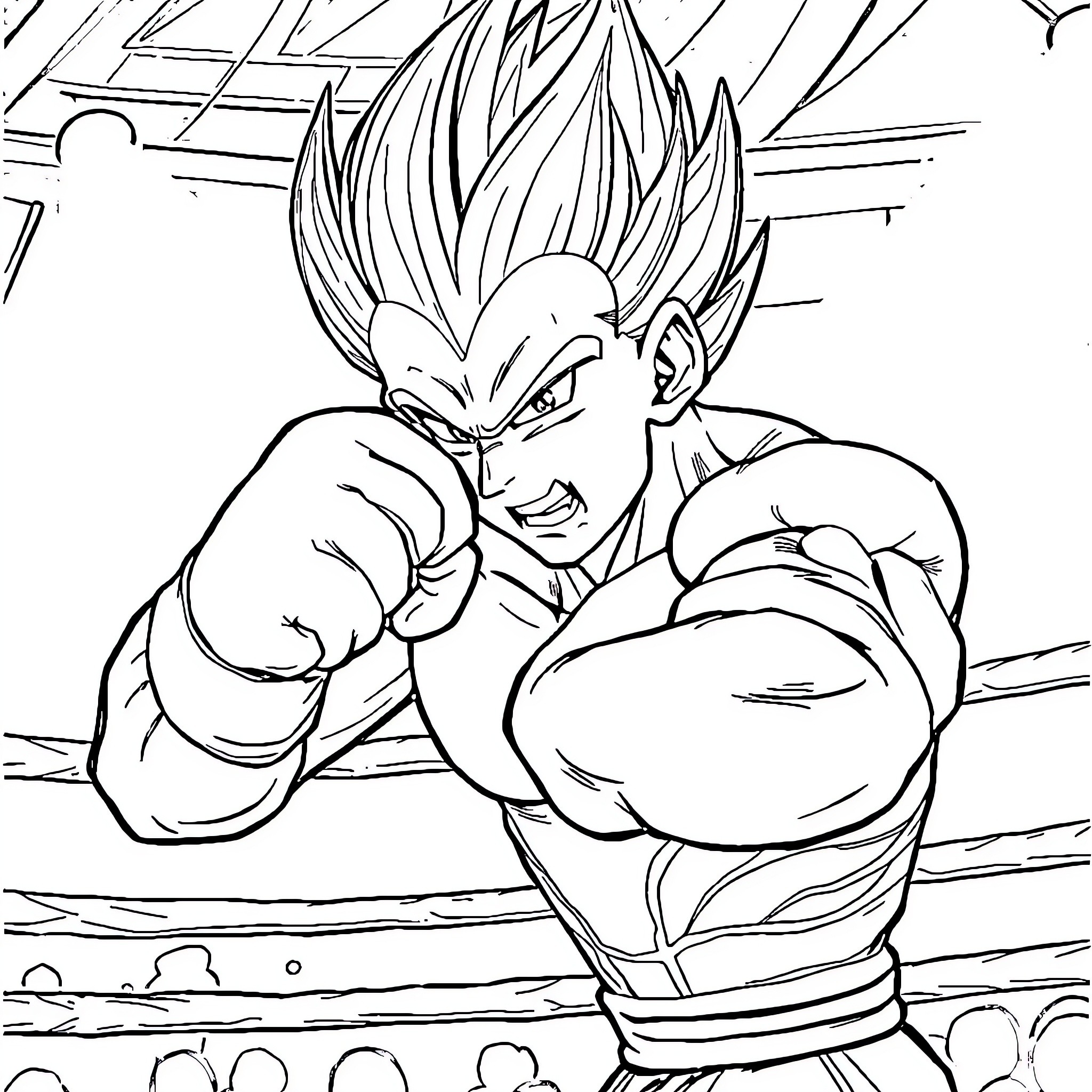 Vegeta's Ferocious Battle Stance Coloring Page (free black-and-white line drawing printable PDF for all, from beginners to advanced learners, including children, teens, adults, and seniors)