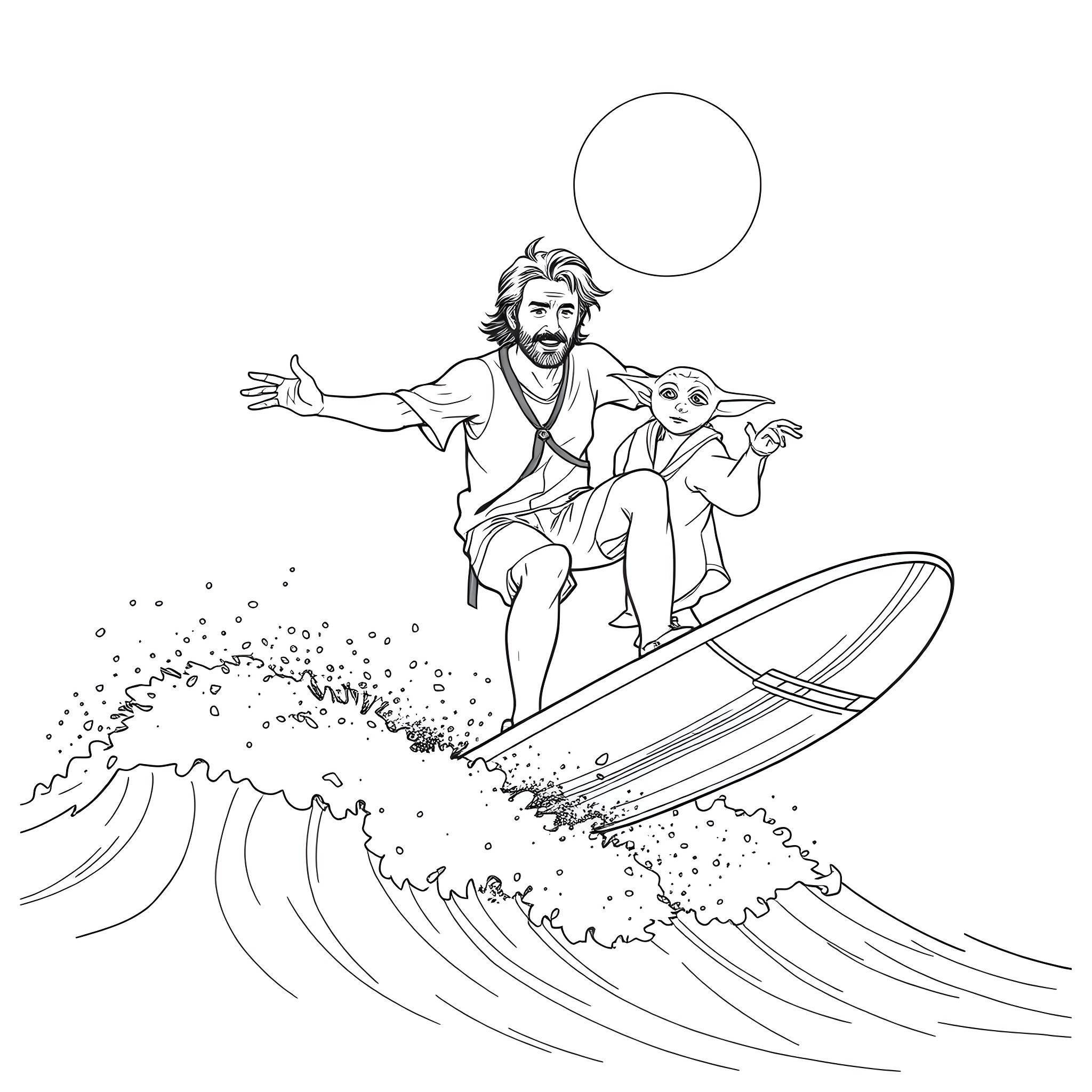 Rick Grimes surfing waves with mysterious companion Coloring Page (free black-and-white line drawing printable PDF for all, from beginners to advanced learners, including children, teens, adults, and seniors)