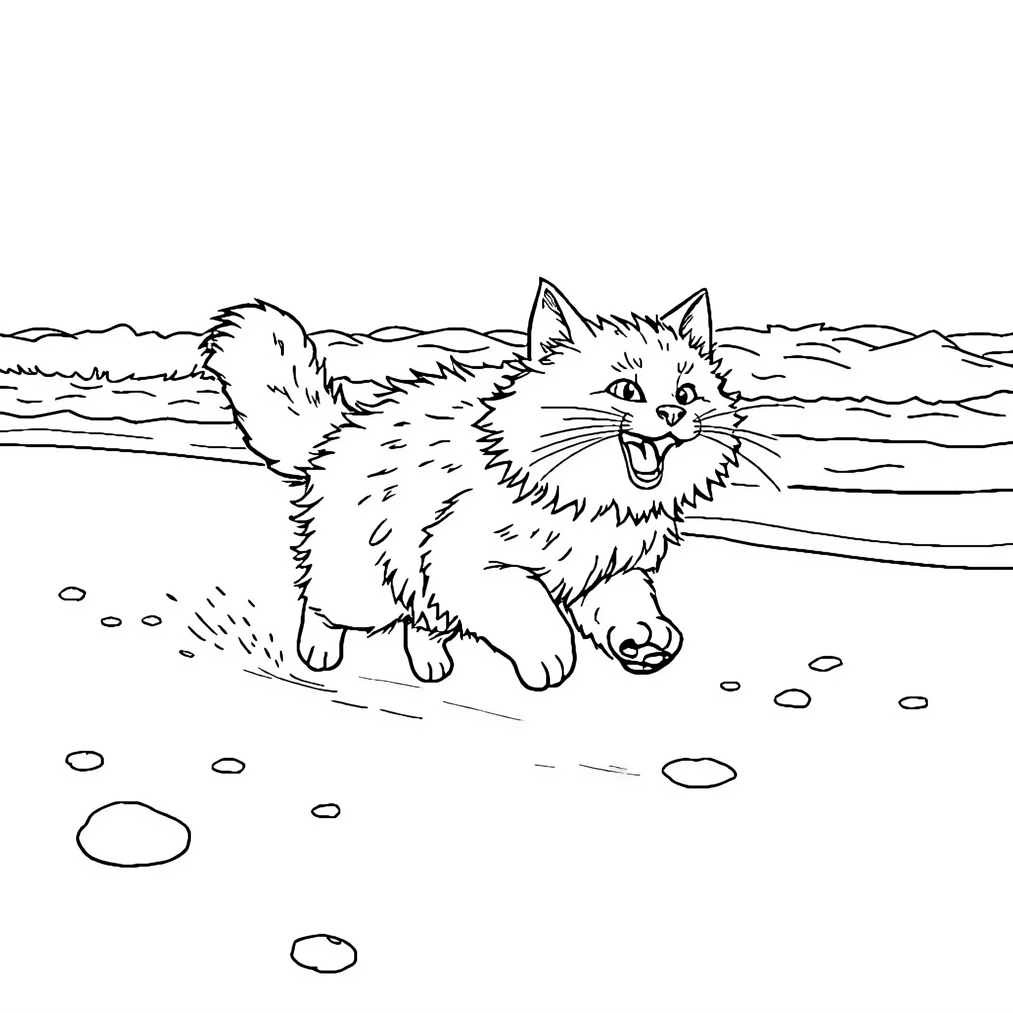 Cat running energetically through snowy landscape Coloring Page (free black-and-white line drawing printable PDF for all, from beginners to advanced learners, including children, teens, adults, and seniors)