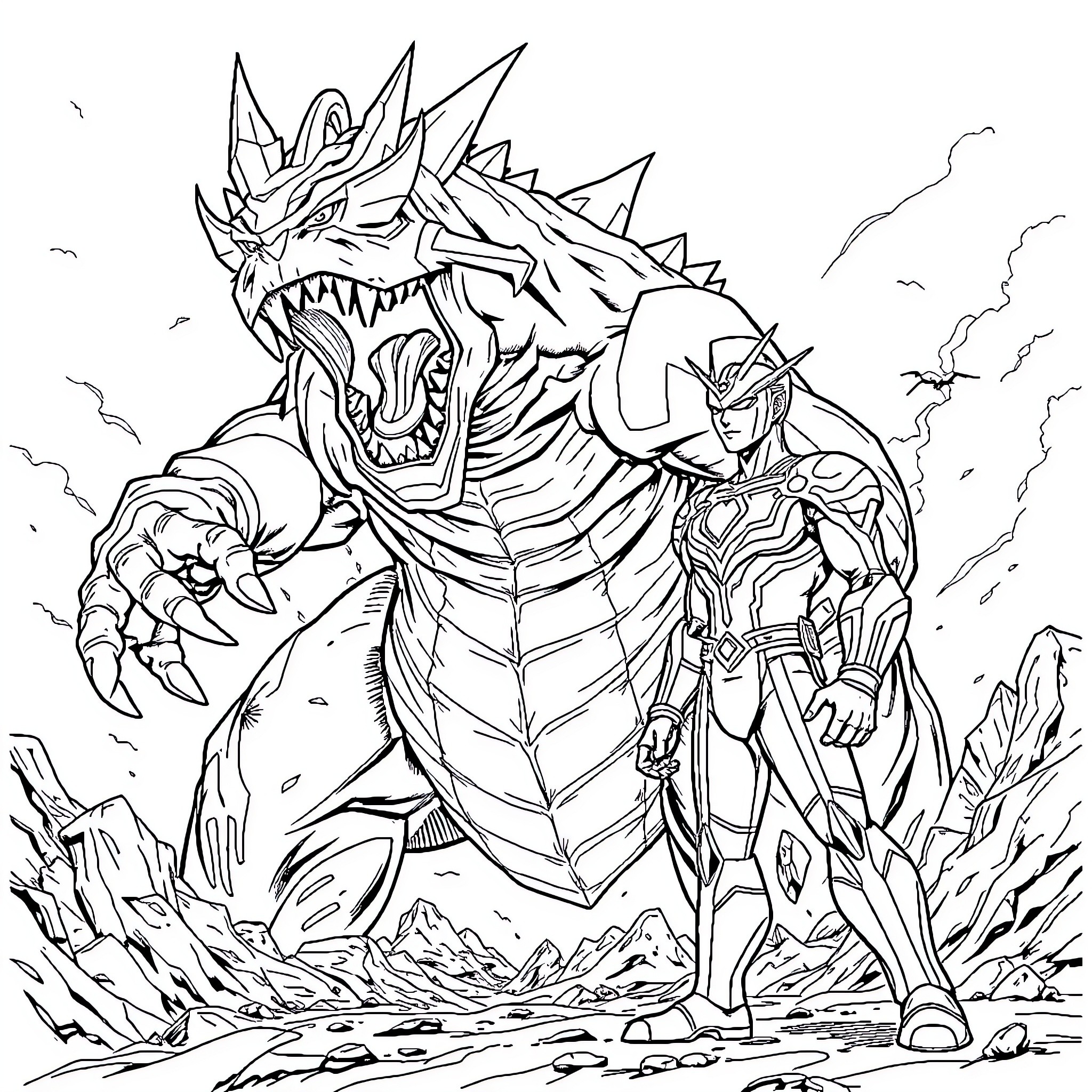 Monster Warrior Facing Ferocious Beast in Fierce Battle Coloring Page (free black-and-white line drawing printable PDF for all, from beginners to advanced learners, including children, teens, adults, and seniors)