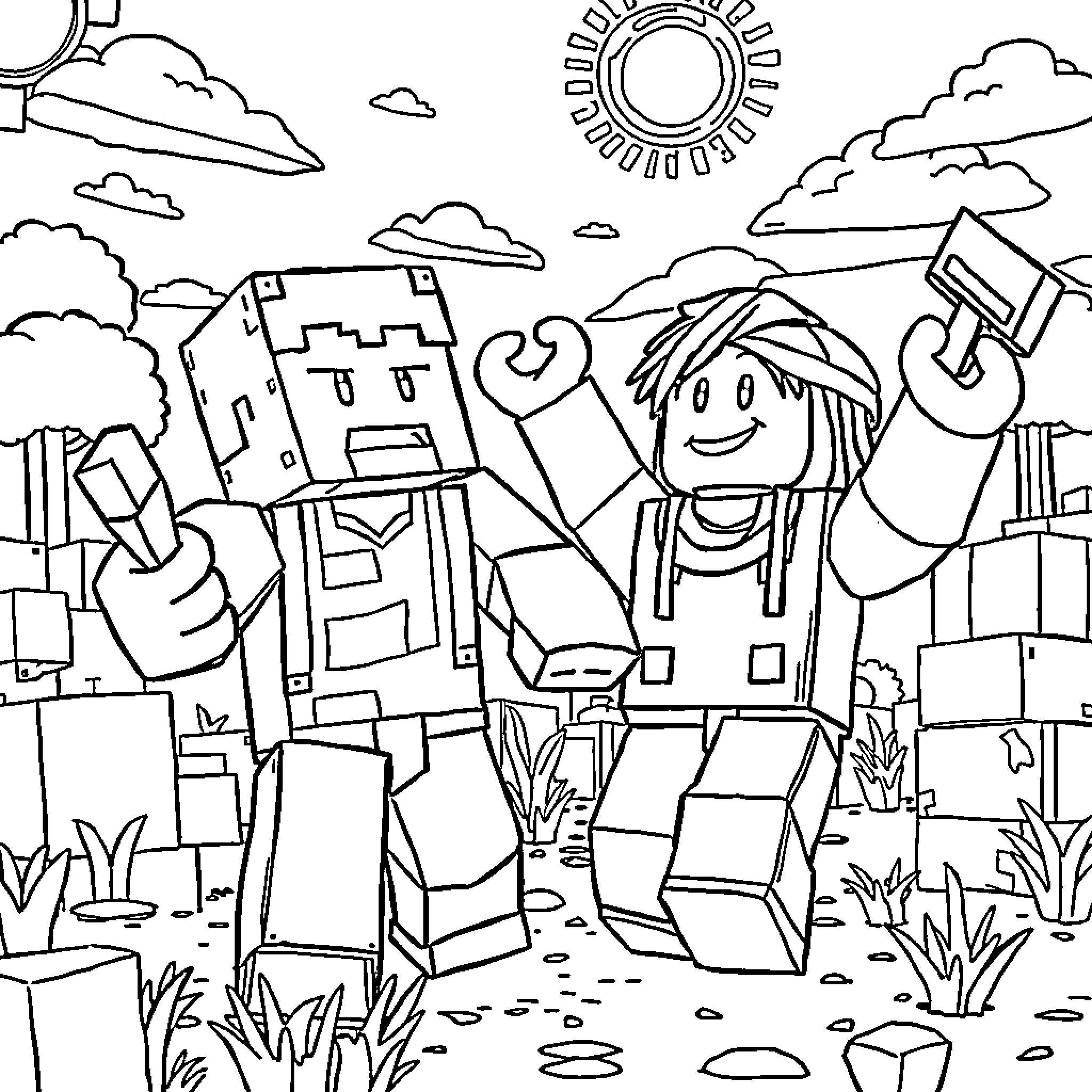 Minecraft Character Exploring Blocky Landscape Coloring Page (free black-and-white line drawing printable PDF for all, from beginners to advanced learners, including children, teens, adults, and seniors)