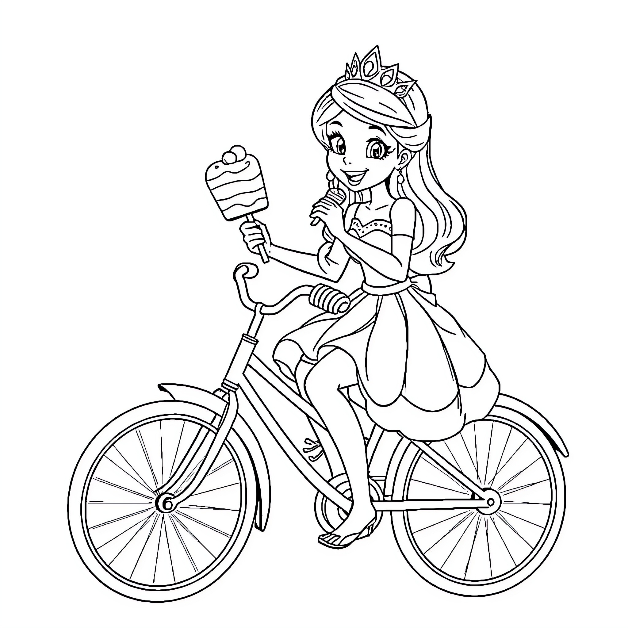 Princess riding a bicycle and holding a popsicle Coloring Page (free black-and-white line drawing printable PDF for all, from beginners to advanced learners, including children, teens, adults, and seniors)