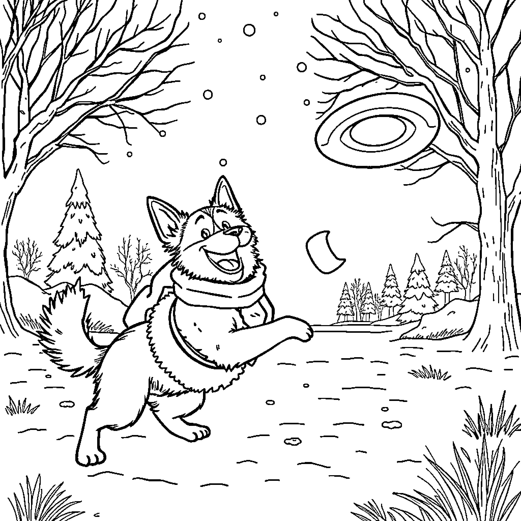 Dog playing joyfully in a snowy winter landscape Coloring Page (free black-and-white line drawing printable PDF for all, from beginners to advanced learners, including children, teens, adults, and seniors)