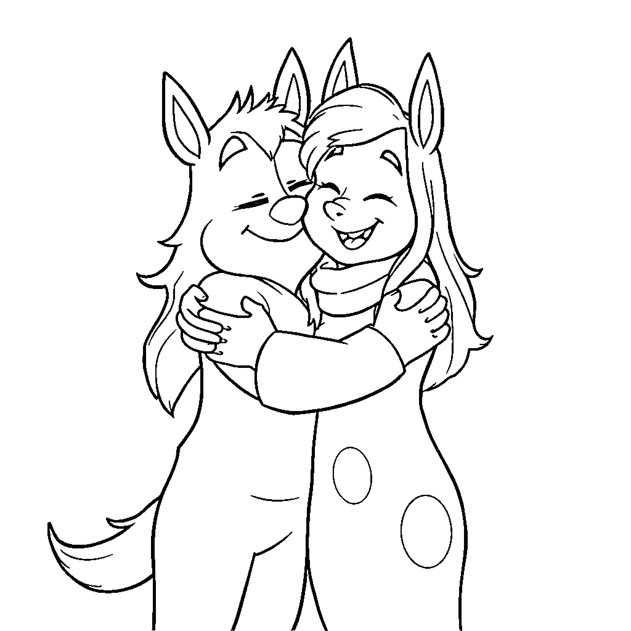 Huntrix characters embracing playfully Coloring Page (free black-and-white line drawing printable PDF for all, from beginners to advanced learners, including children, teens, adults, and seniors)