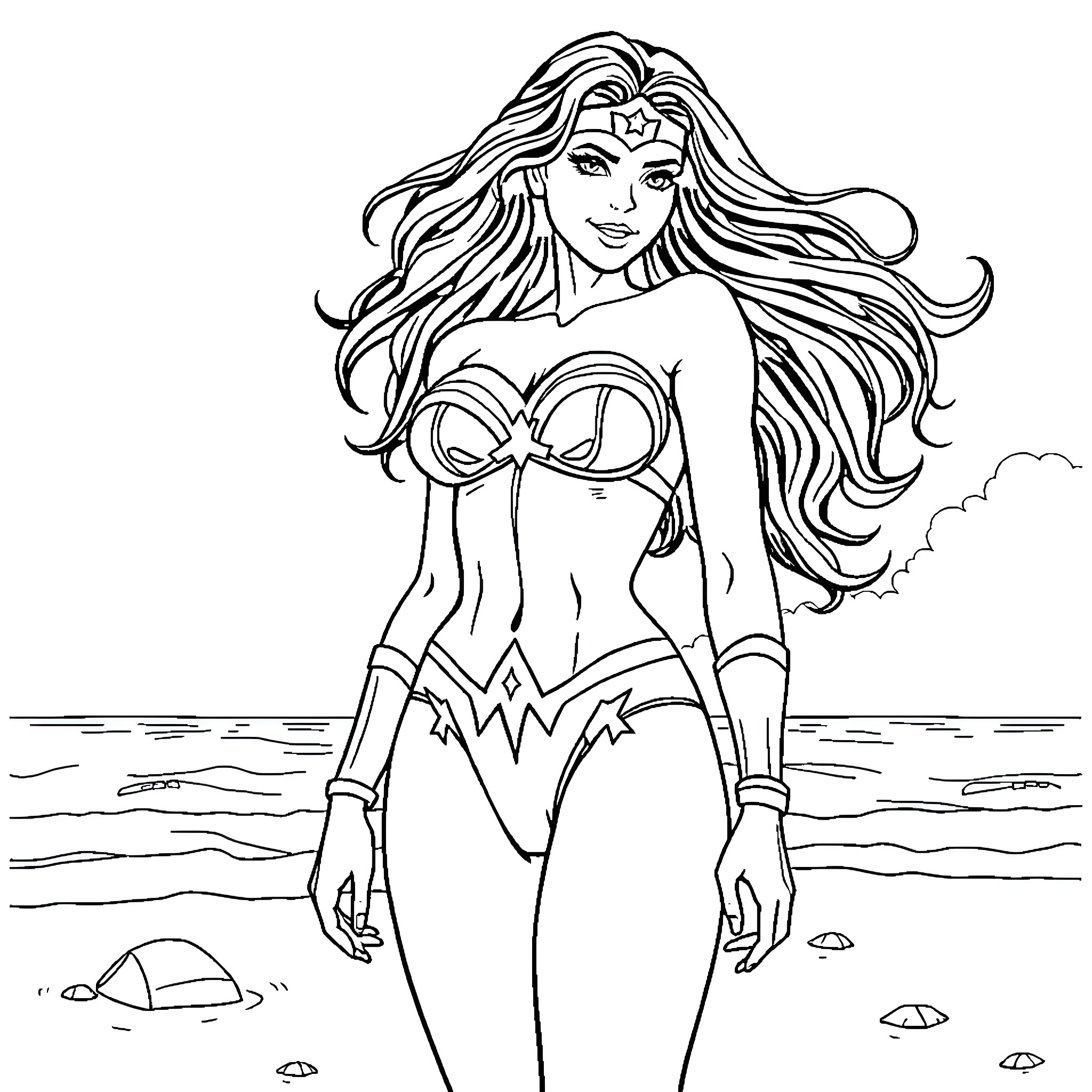 Wonder Woman standing confidently on the beach Coloring Page (free black-and-white line drawing printable PDF for all, from beginners to advanced learners, including children, teens, adults, and seniors)