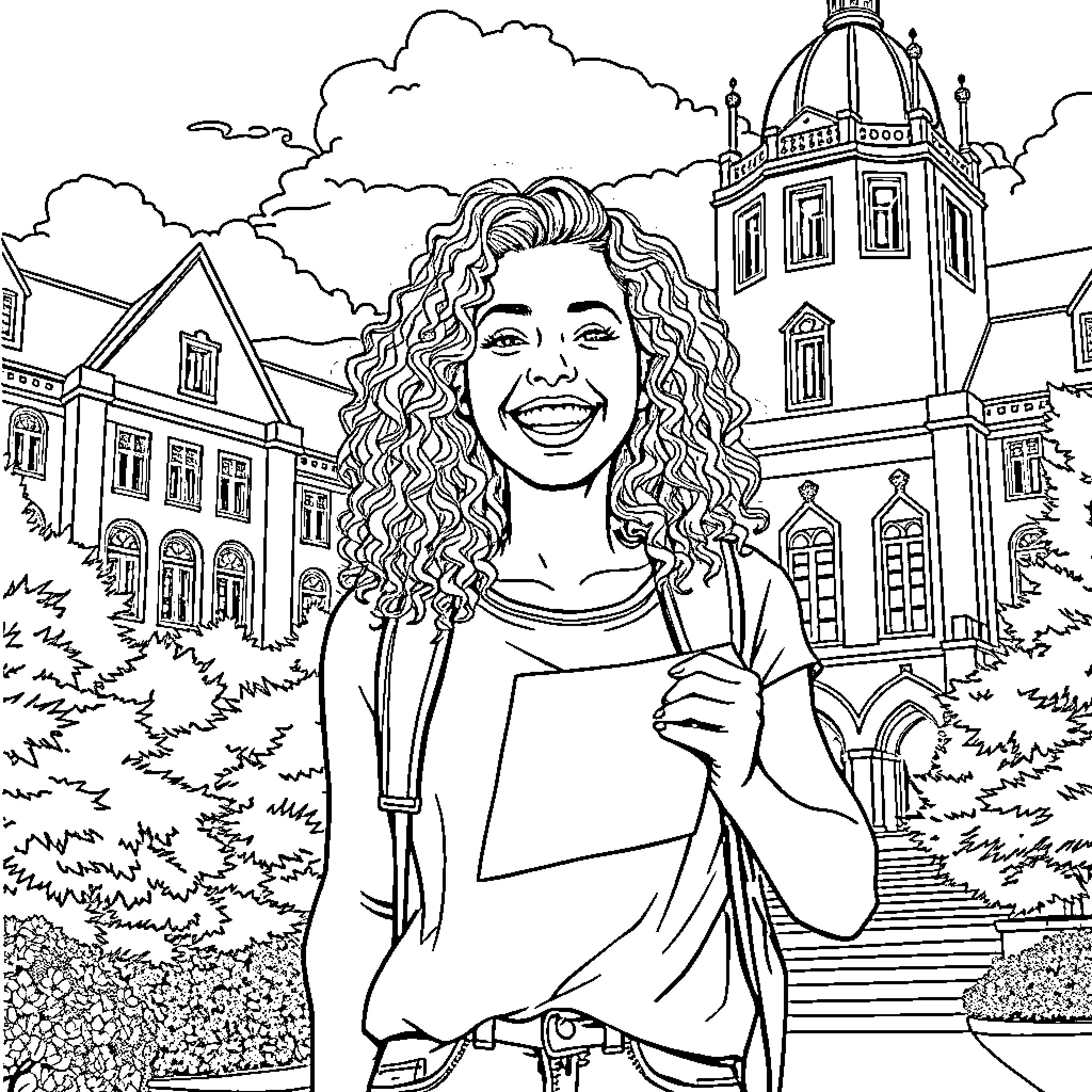 Woman Smiling Joyfully in Front of Historic Building Coloring Page (free black-and-white line drawing printable PDF for all, from beginners to advanced learners, including children, teens, adults, and seniors)