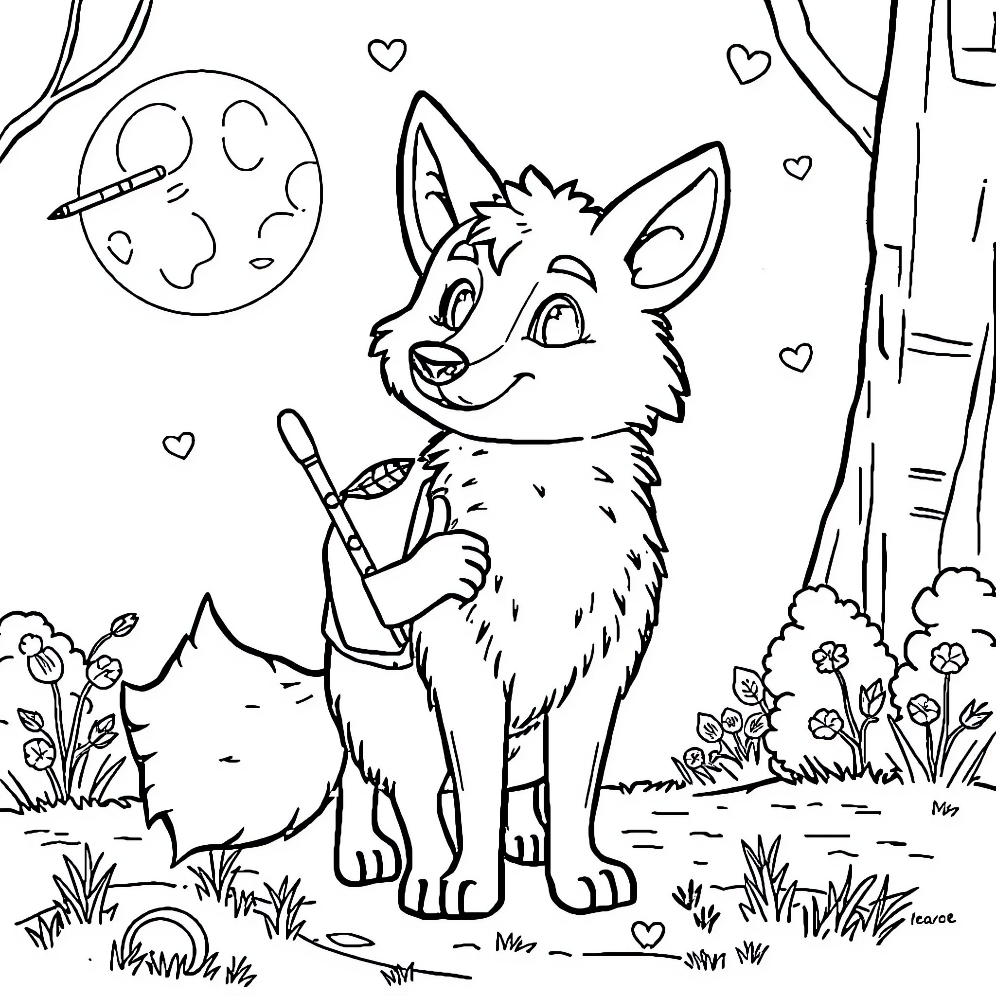 Wolf playing joyfully in the forest Coloring Page (free black-and-white line drawing printable PDF for all, from beginners to advanced learners, including children, teens, adults, and seniors)