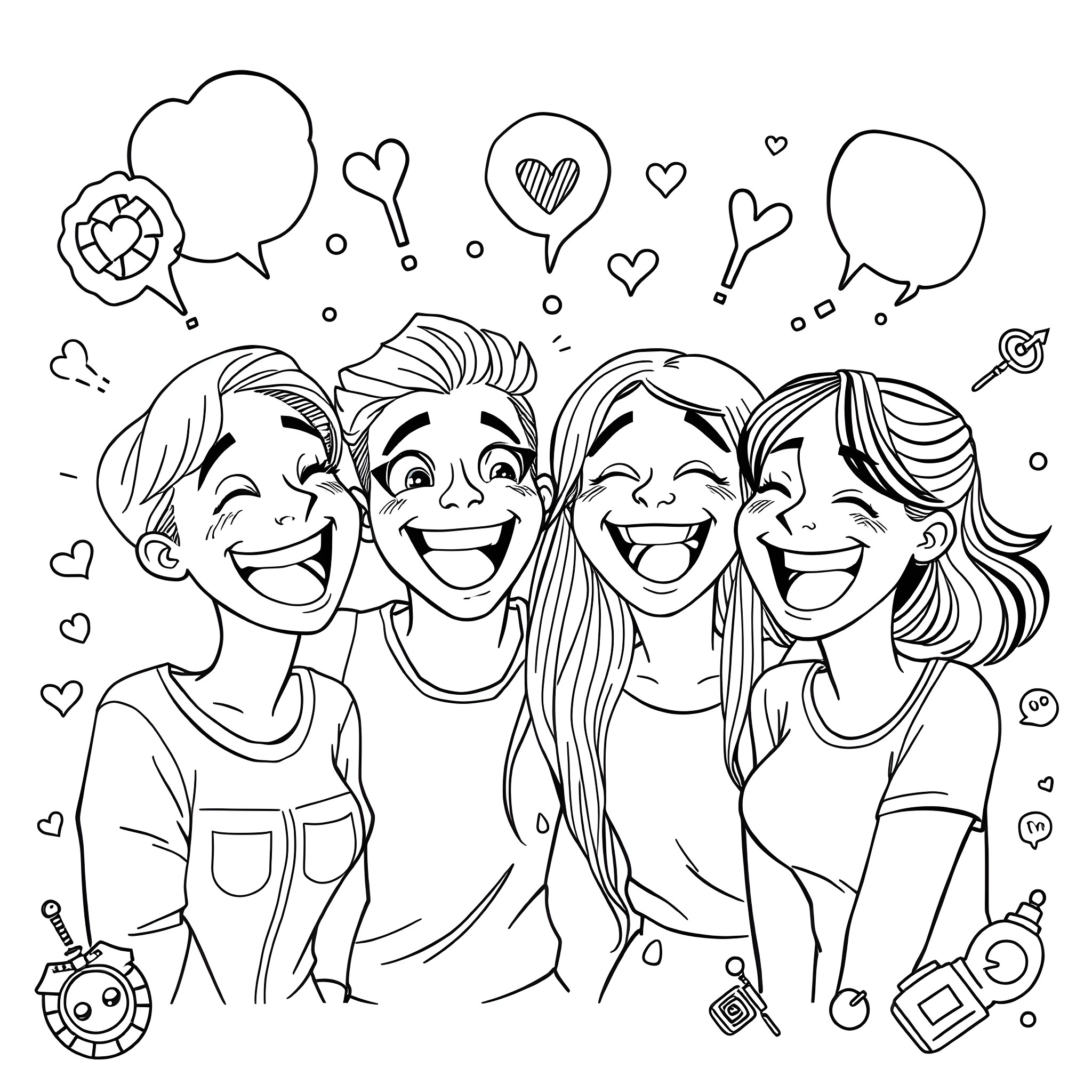 Lol Omg Laughing group of friends with expressions and speech bubbles Coloring Page (free black-and-white line drawing printable PDF for all, from beginners to advanced learners, including children, teens, adults, and seniors)