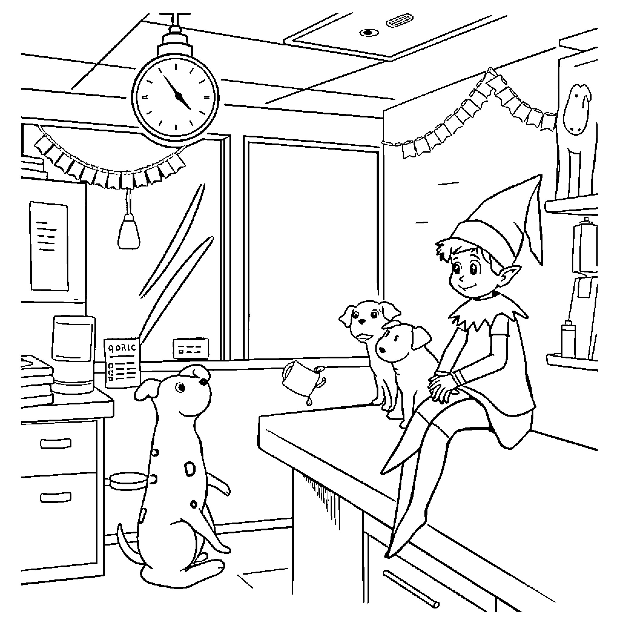 Elf decorating for holiday in office setting Coloring Page (free black-and-white line drawing printable PDF for all, from beginners to advanced learners, including children, teens, adults, and seniors)