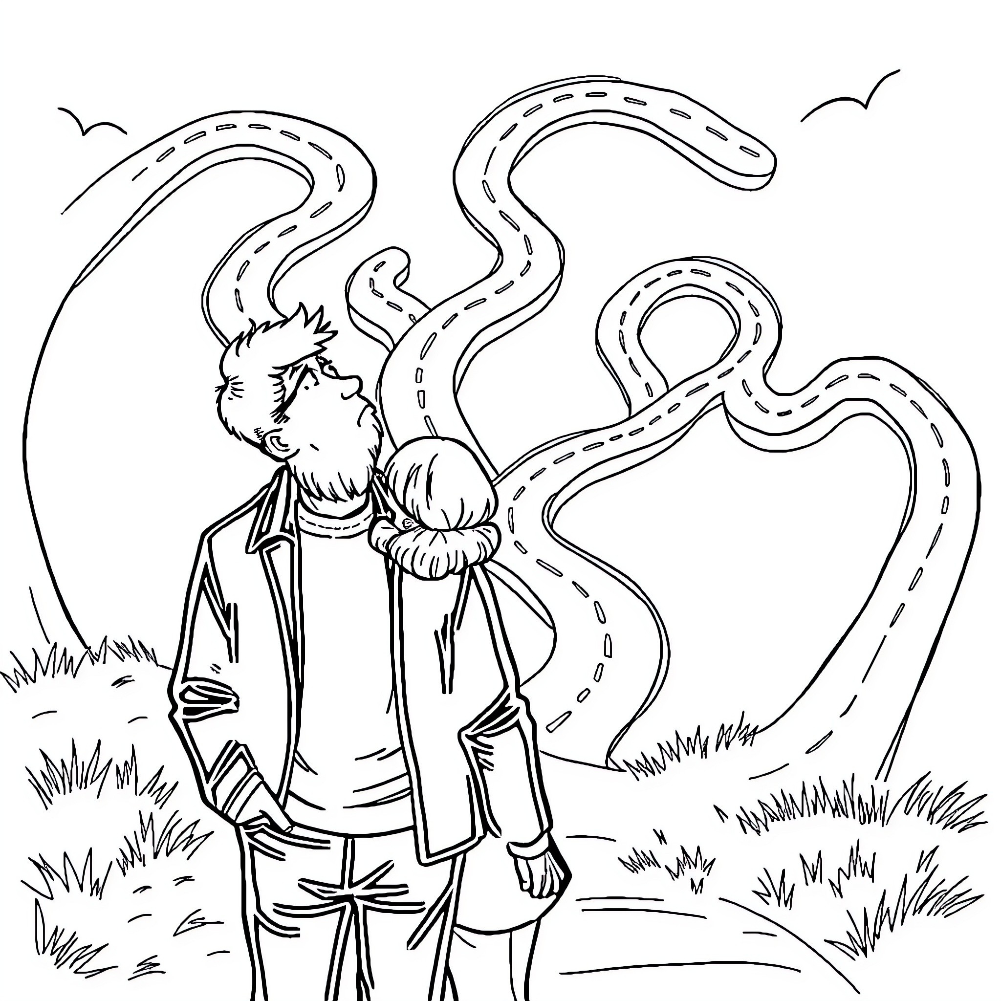 Couple walking together on a winding path Coloring Page (free black-and-white line drawing printable PDF for all, from beginners to advanced learners, including children, teens, adults, and seniors)