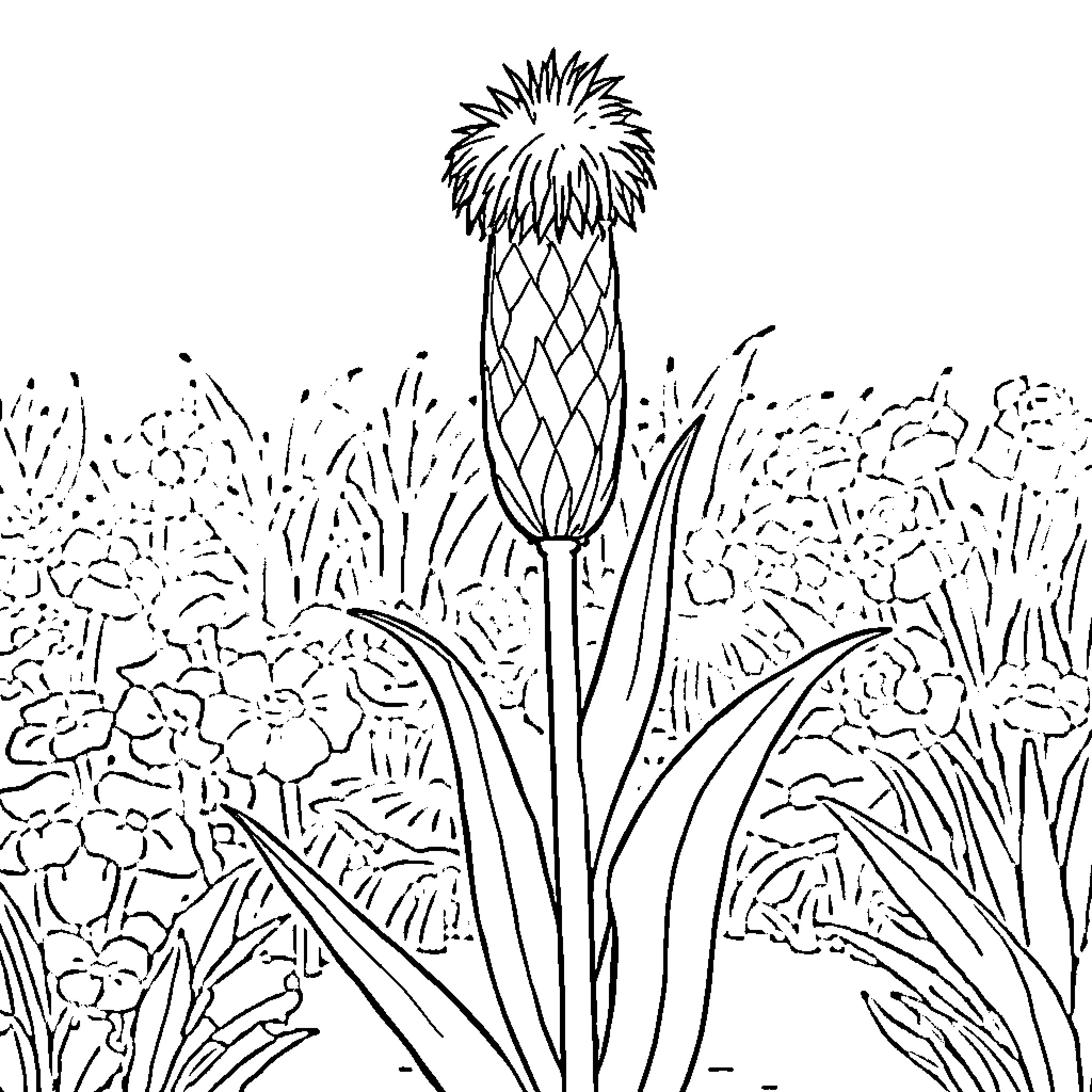 Cattail among wildflowers in a natural scene Coloring Page (free black-and-white line drawing printable PDF for all, from beginners to advanced learners, including children, teens, adults, and seniors)