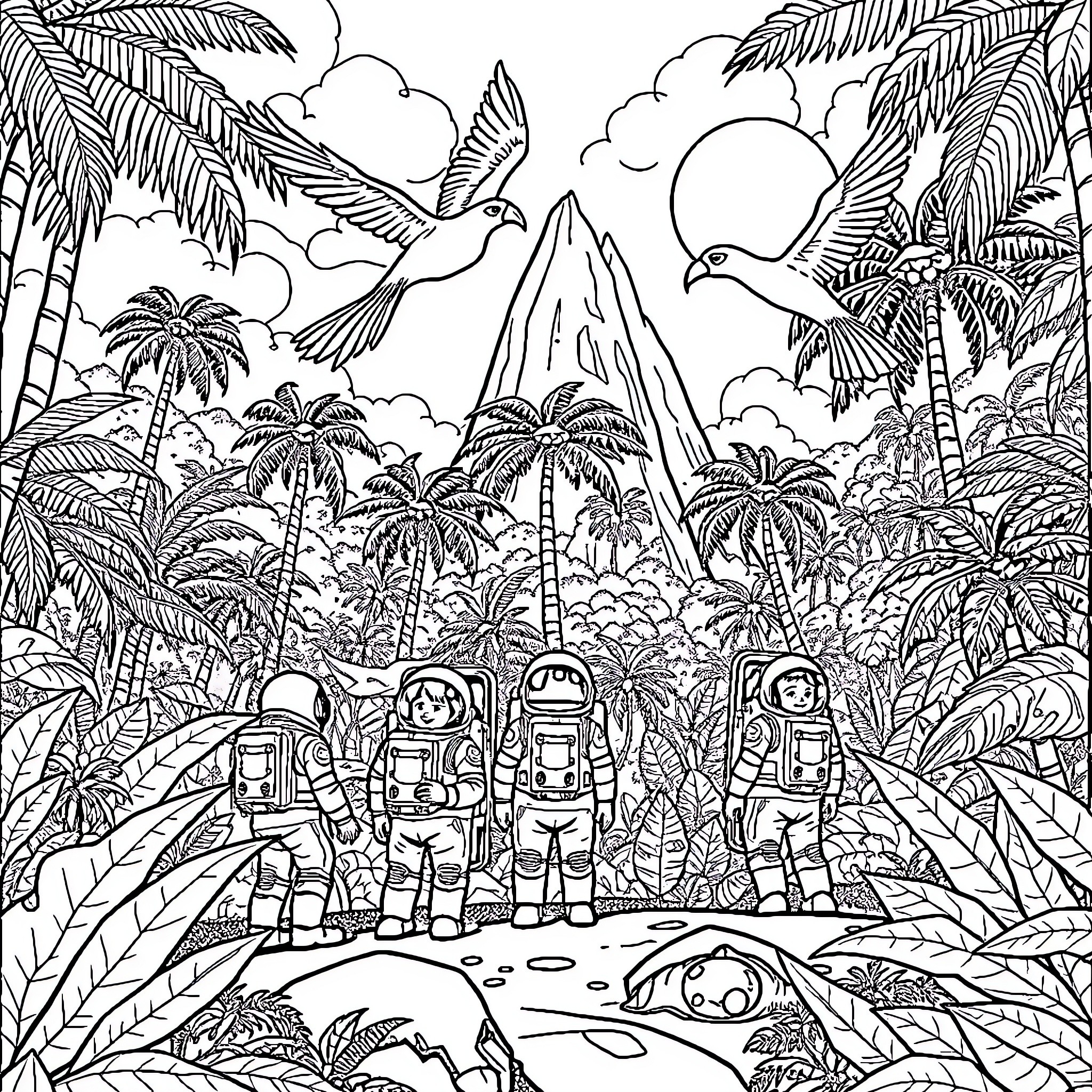 Astronauts exploring the lush tropical landscape Coloring Page (free black-and-white line drawing printable PDF for all, from beginners to advanced learners, including children, teens, adults, and seniors)