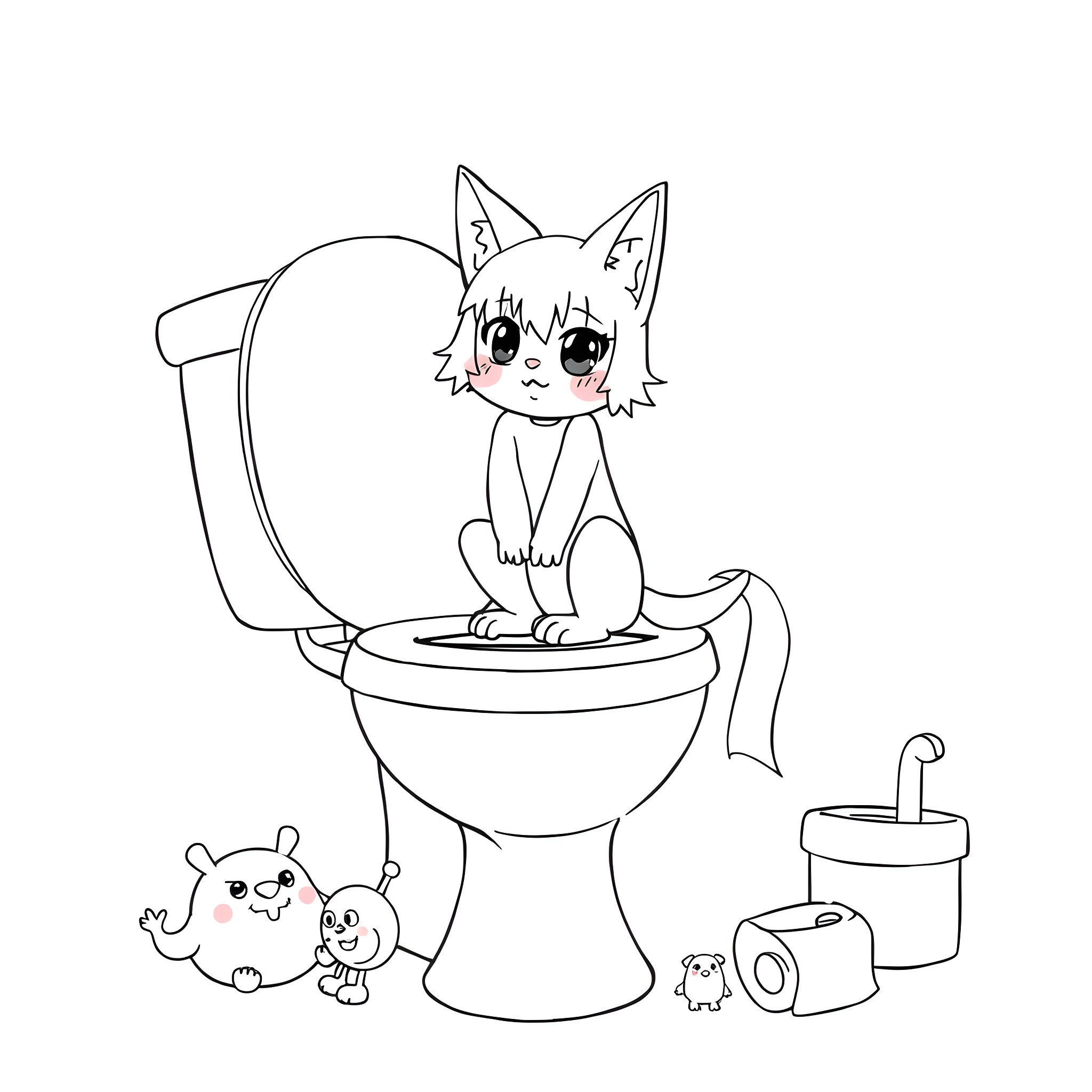 Kuromi enjoying the bathroom with her animal friends Coloring Page (free black-and-white line drawing printable PDF for all, from beginners to advanced learners, including children, teens, adults, and seniors)