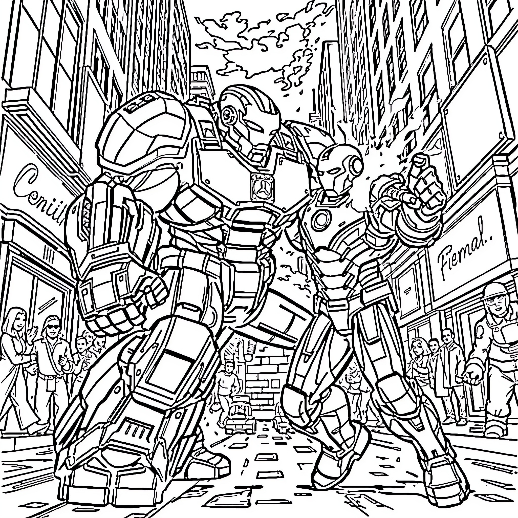 Hulk Buster Armor Battles in the City Streets Coloring Page (free black-and-white line drawing printable PDF for all, from beginners to advanced learners, including children, teens, adults, and seniors)