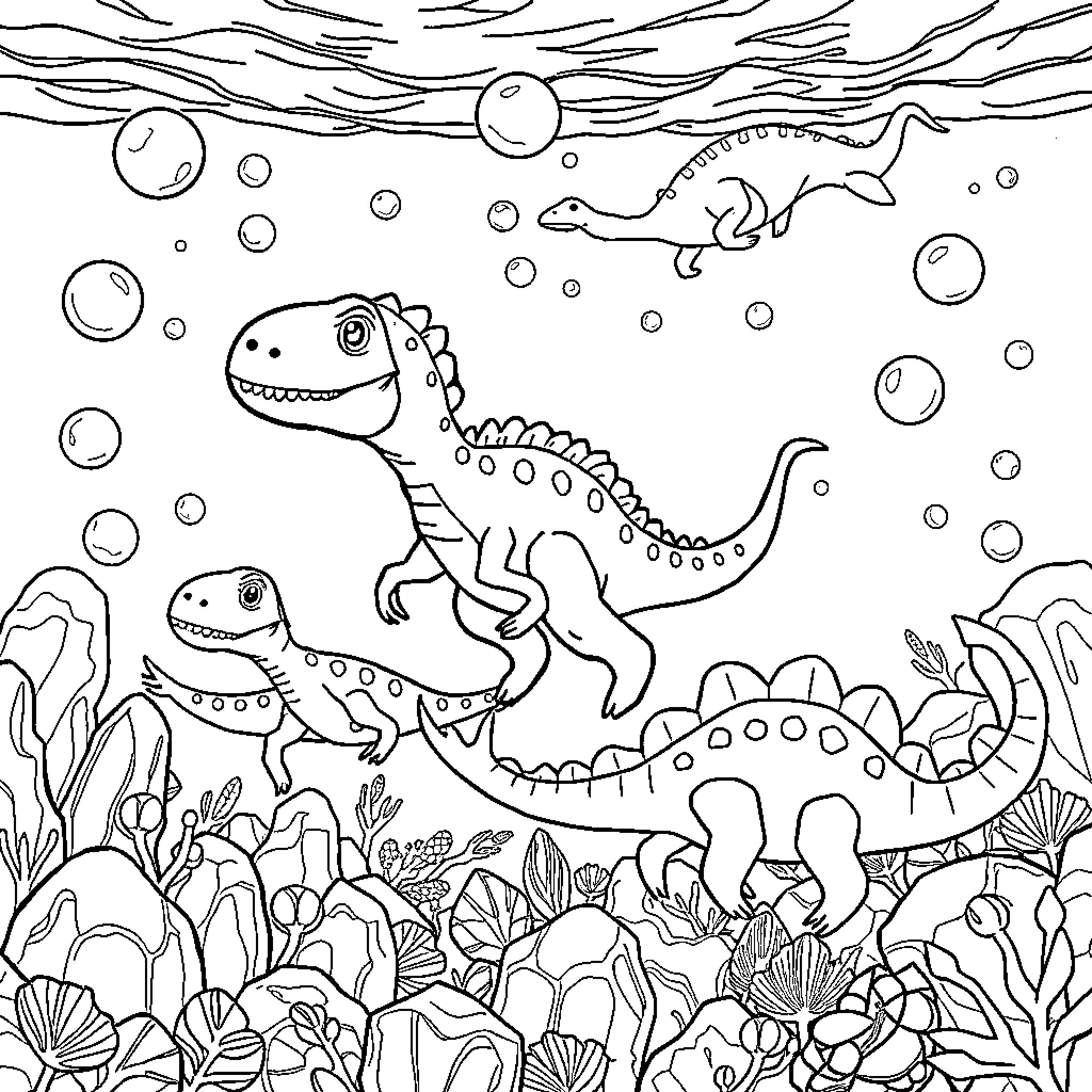 Dinosaurs exploring underwater habitat Coloring Page (free black-and-white line drawing printable PDF for all, from beginners to advanced learners, including children, teens, adults, and seniors)