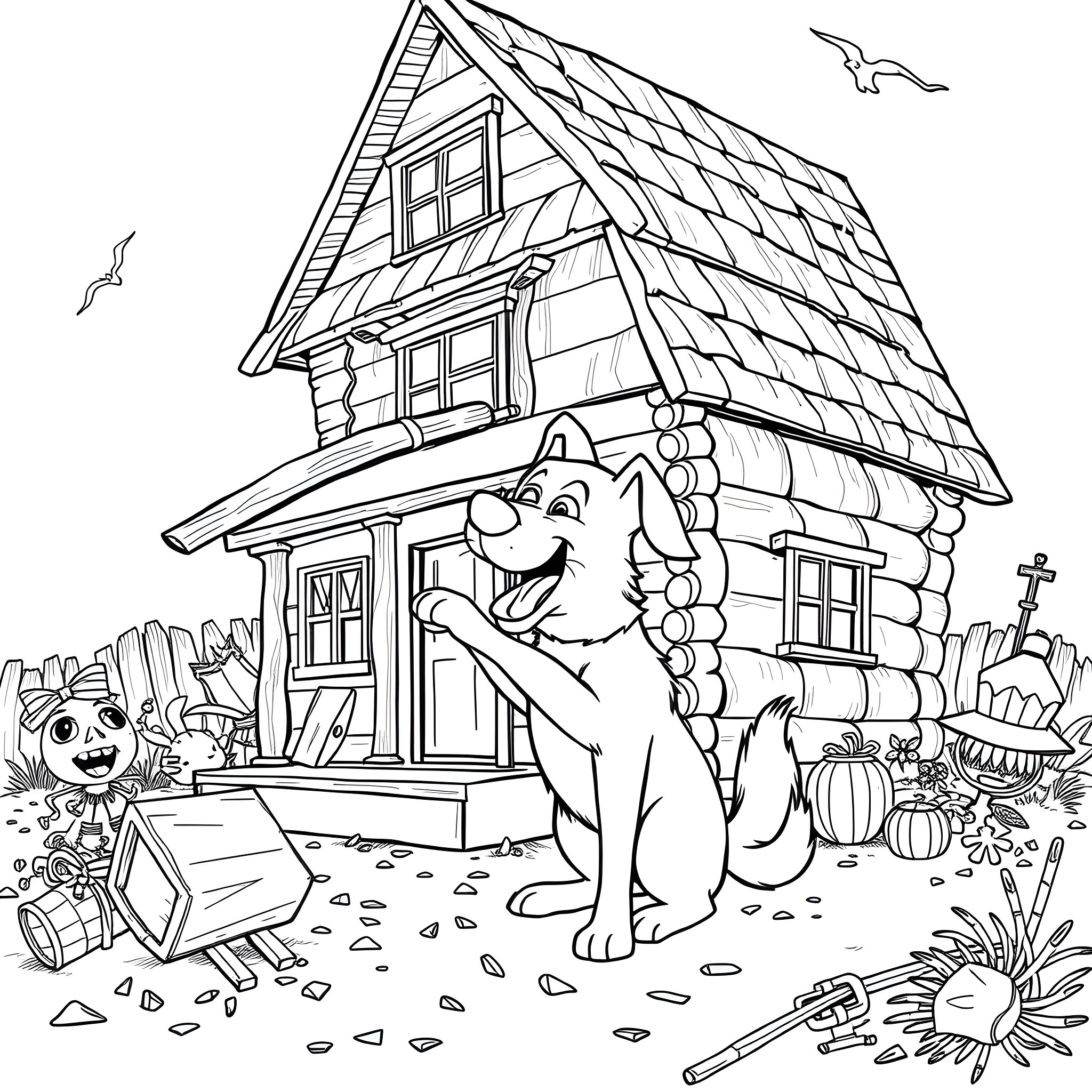 Dog enjoying the day outside a log cabin Coloring Page (free black-and-white line drawing printable PDF for all, from beginners to advanced learners, including children, teens, adults, and seniors)
