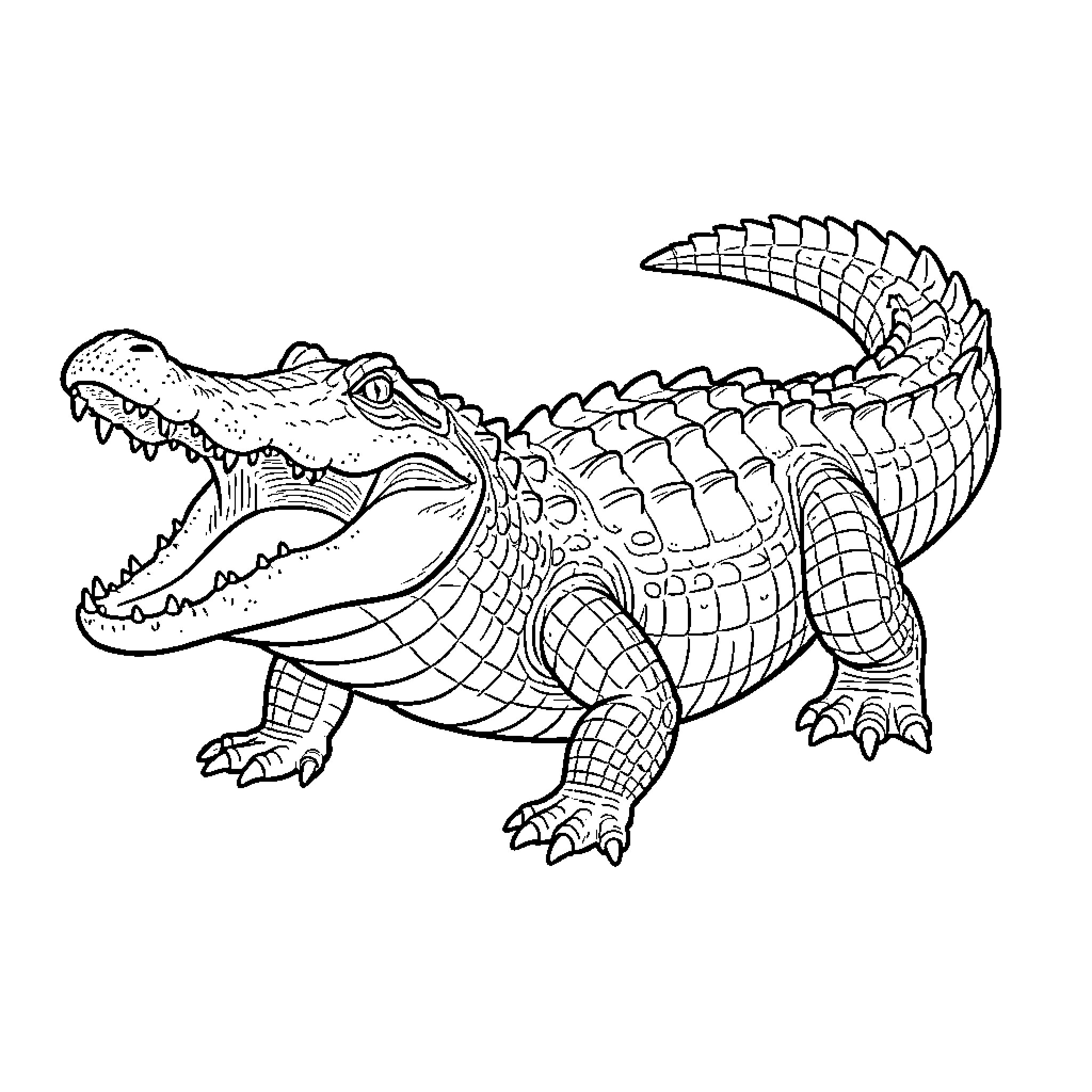 Deinosuchus opening its mouth wide with a fierce expression Coloring Page (free black-and-white line drawing printable PDF for all, from beginners to advanced learners, including children, teens, adults, and seniors)