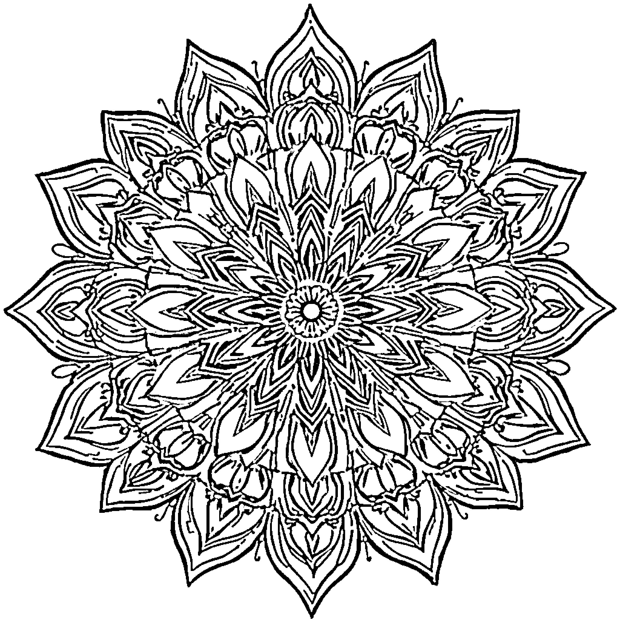 Mandala of intricate floral patterns Coloring Page (free black-and-white line drawing printable PDF for all, from beginners to advanced learners, including children, teens, adults, and seniors)