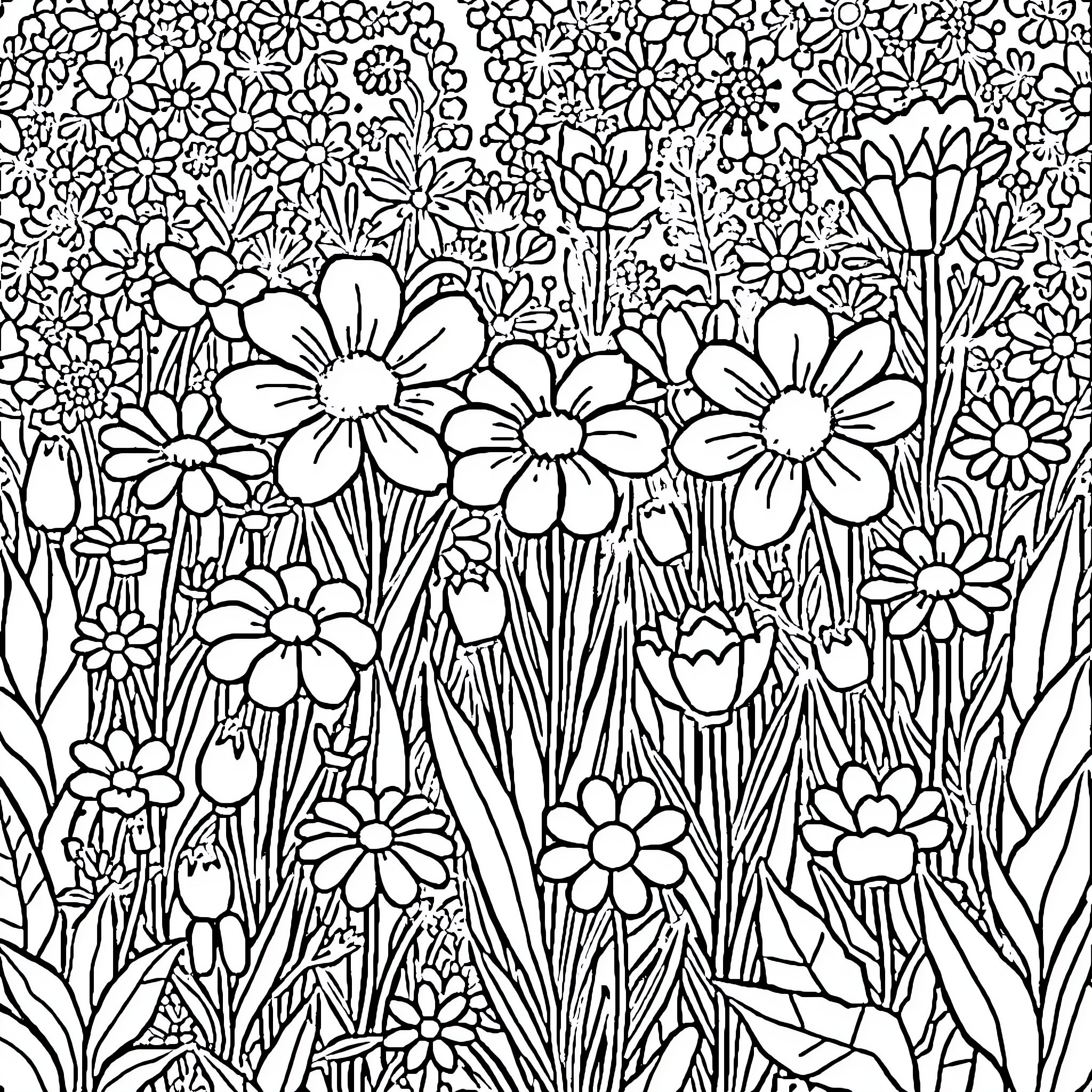 Garden filled with beautiful flowers Coloring Page (free black-and-white line drawing printable PDF for all, from beginners to advanced learners, including children, teens, adults, and seniors)