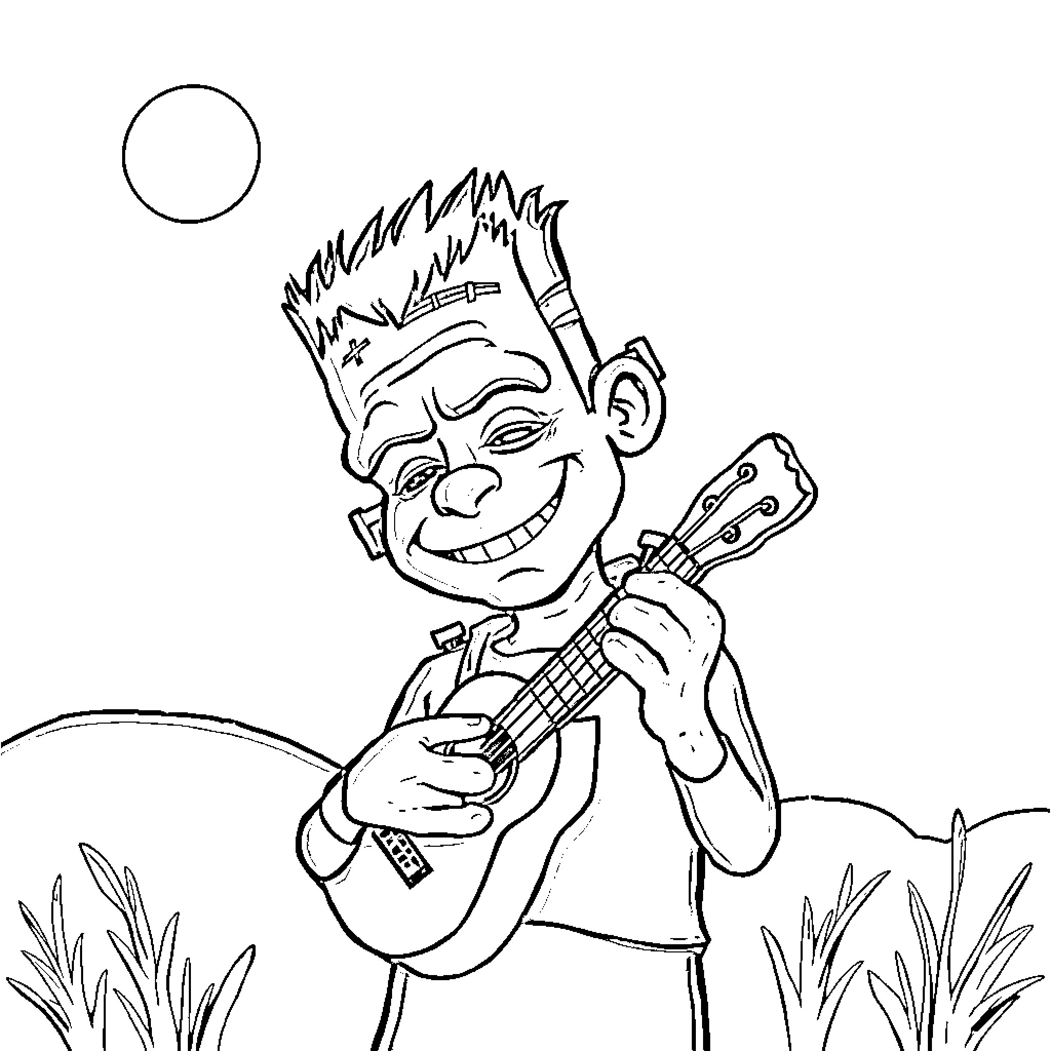 Frankenstein's creation playing a guitar in the moonlight Coloring Page (free black-and-white line drawing printable PDF for all, from beginners to advanced learners, including children, teens, adults, and seniors)