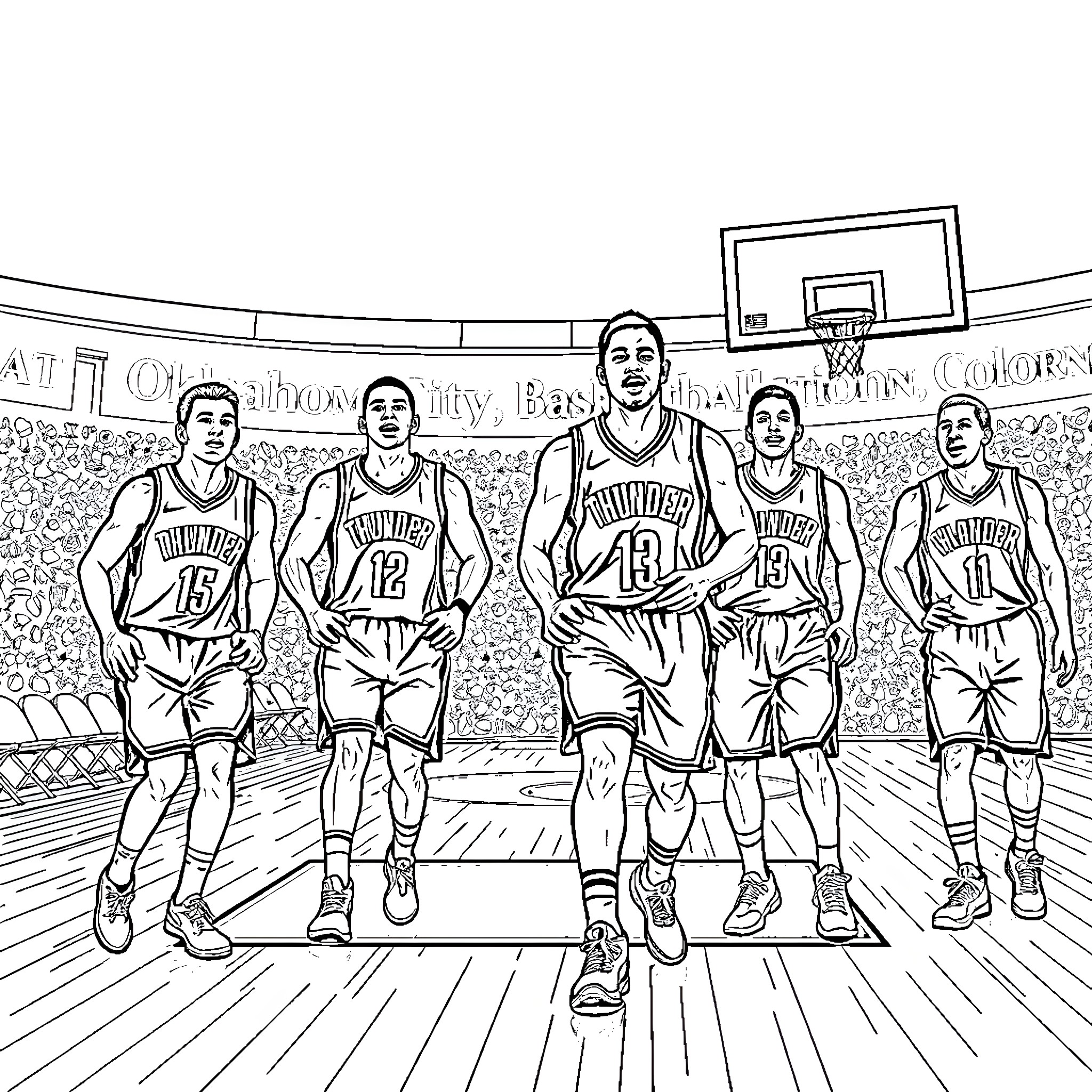 Okc Thunder Players in Action on Basketball Court Coloring Page (free black-and-white line drawing printable PDF for all, from beginners to advanced learners, including children, teens, adults, and seniors)