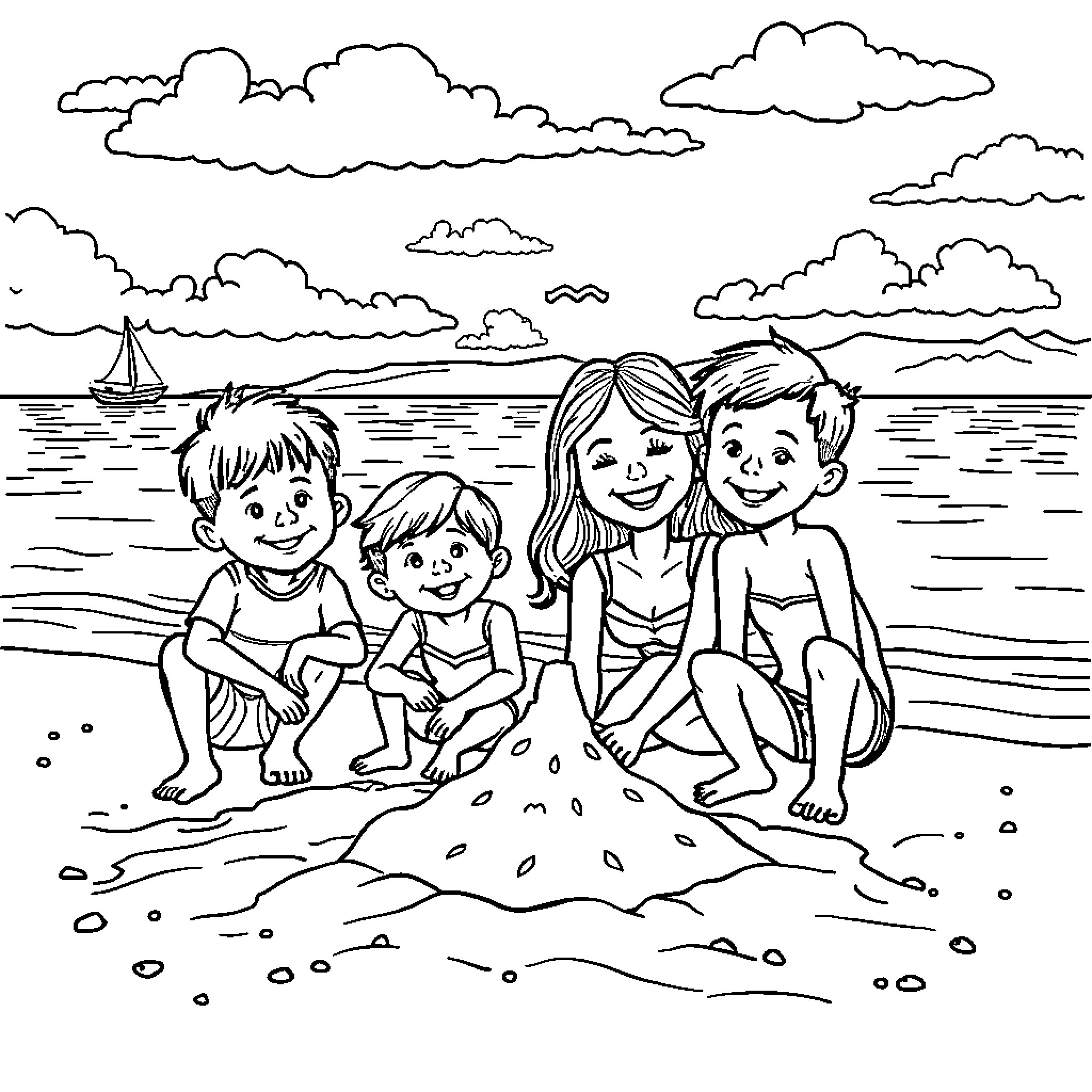 Family enjoying time at the beach Coloring Page (free black-and-white line drawing printable PDF for all, from beginners to advanced learners, including children, teens, adults, and seniors)