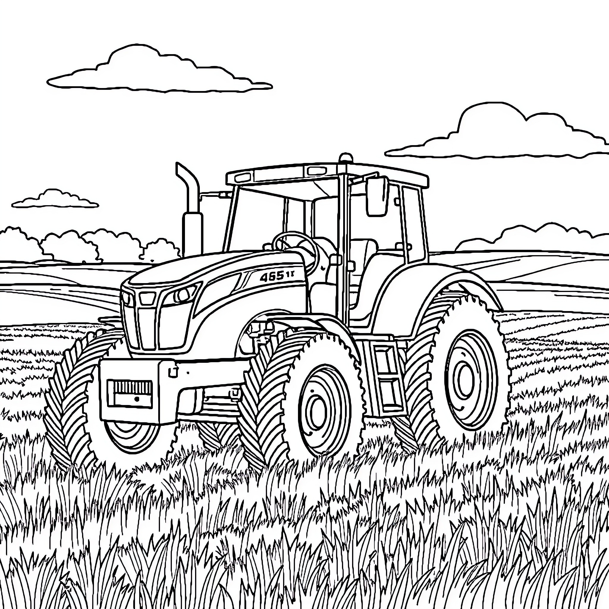 Tractor working in the field Coloring Page (free black-and-white line drawing printable PDF for all, from beginners to advanced learners, including children, teens, adults, and seniors)