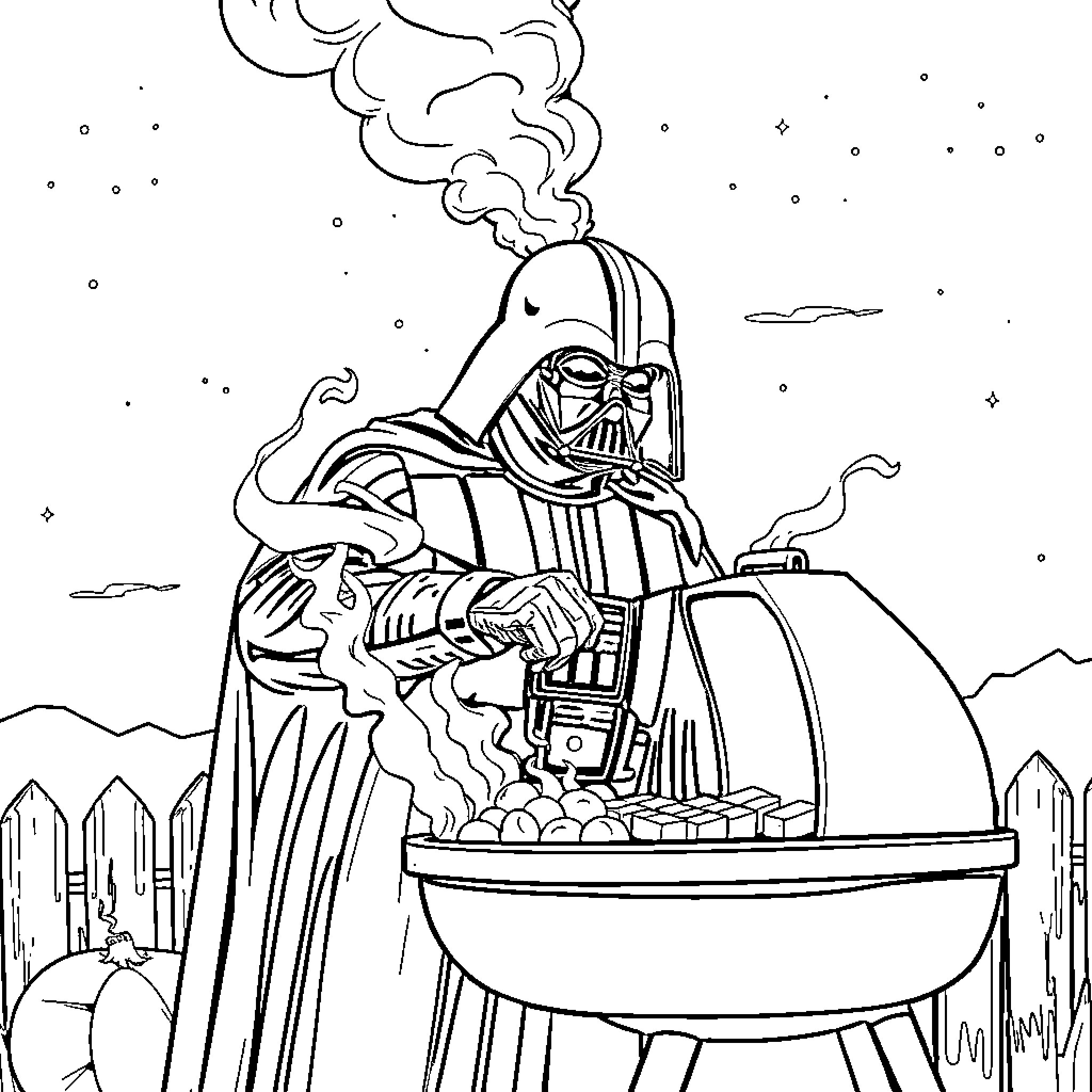 Darth Vader grilling on a galactic night Coloring Page (free black-and-white line drawing printable PDF for all, from beginners to advanced learners, including children, teens, adults, and seniors)