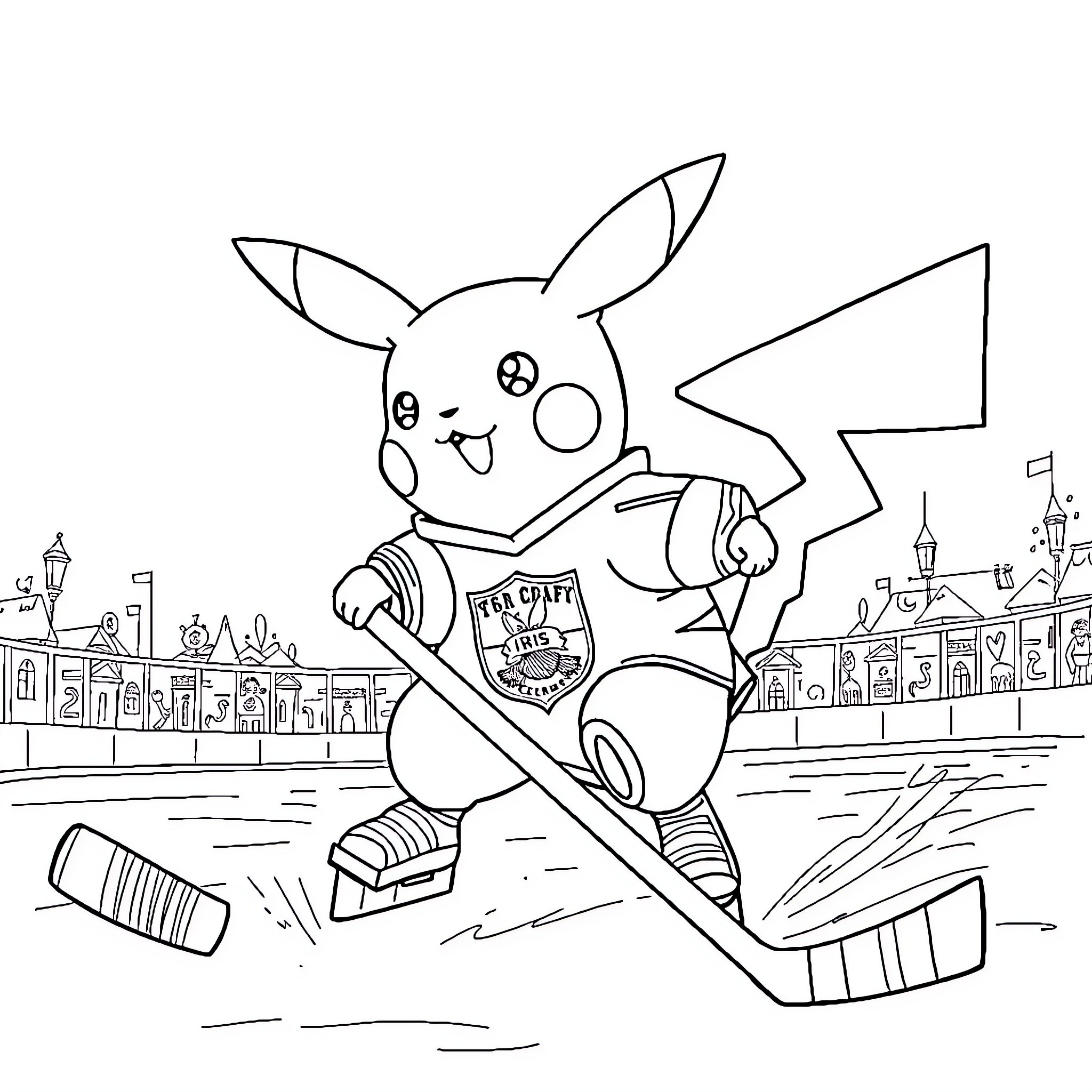 Pikachu playing hockey in the city Coloring Page (free black-and-white line drawing printable PDF for all, from beginners to advanced learners, including children, teens, adults, and seniors)