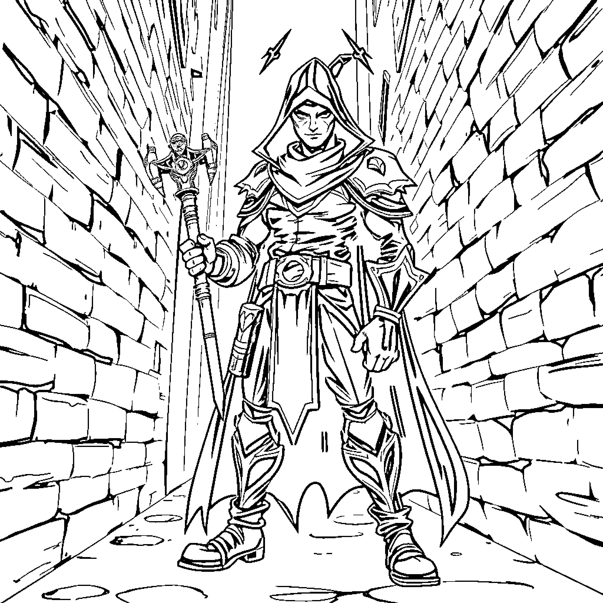 Hantrix - Heroic Warrior in Dungeon Corridor Coloring Page (free black-and-white line drawing printable PDF for all, from beginners to advanced learners, including children, teens, adults, and seniors)