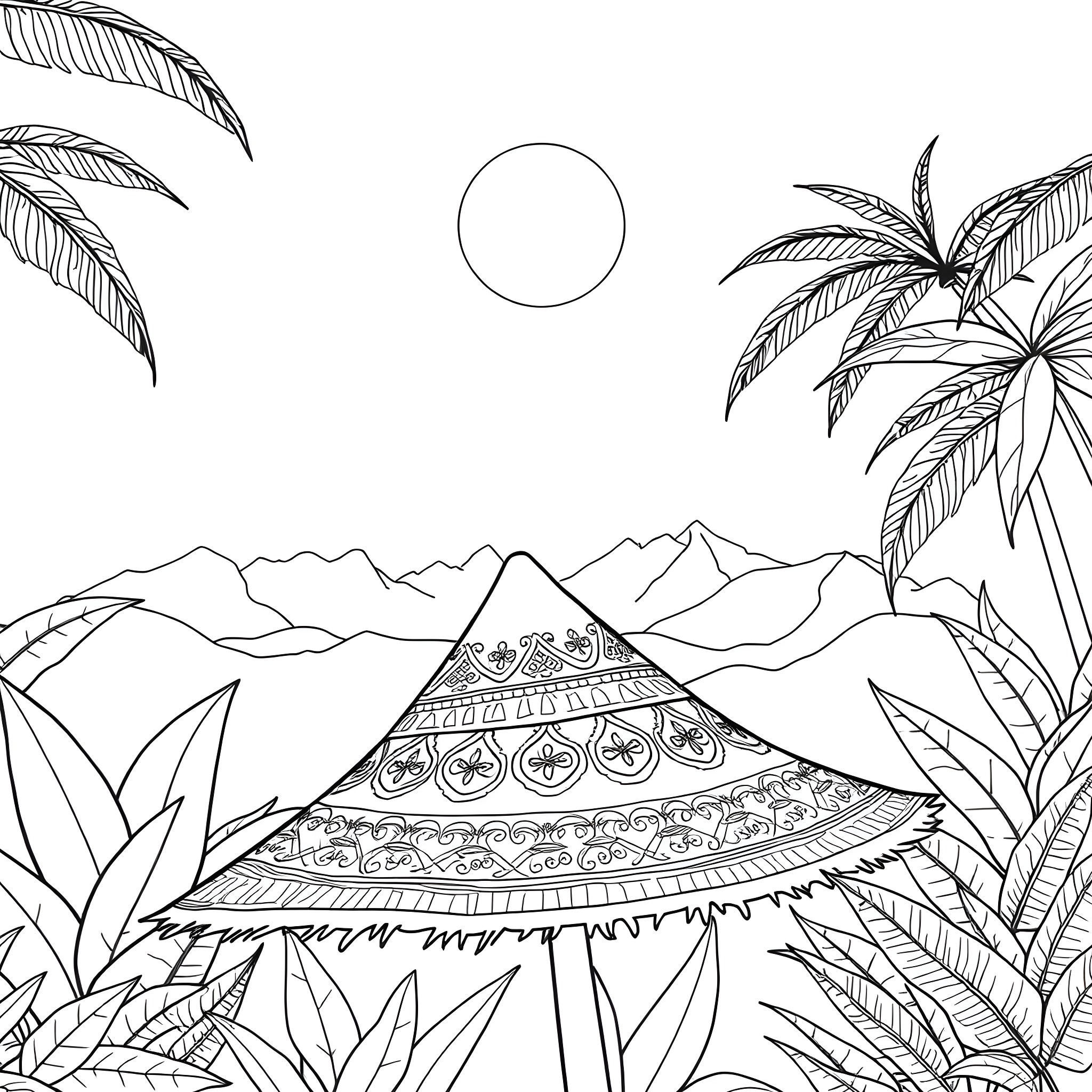 Hat Tropical Paradise with Mountain Scenery Coloring Page (free black-and-white line drawing printable PDF for all, from beginners to advanced learners, including children, teens, adults, and seniors)