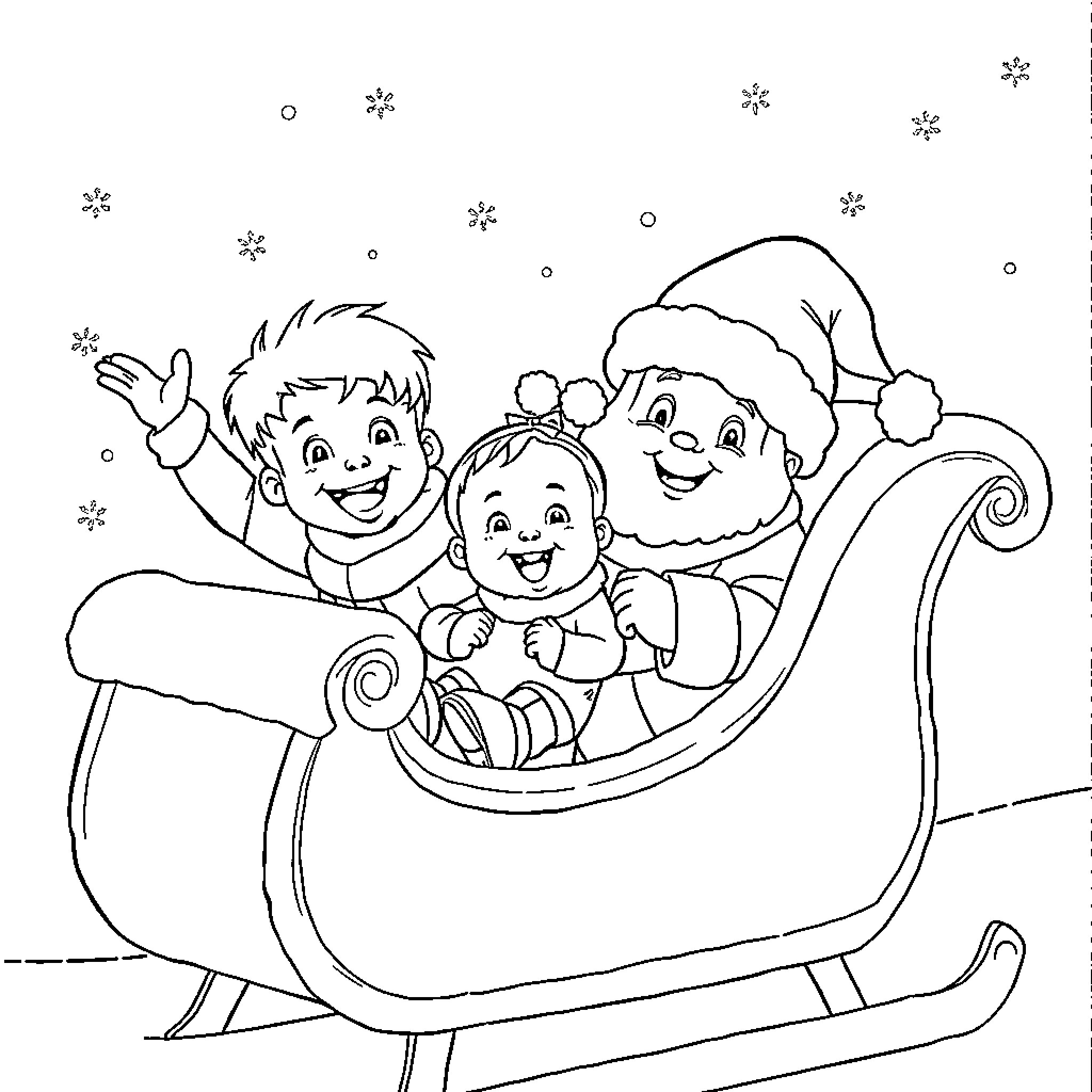 Child's festive sleigh ride with Santa Coloring Page (free black-and-white line drawing printable PDF for all, from beginners to advanced learners, including children, teens, adults, and seniors)