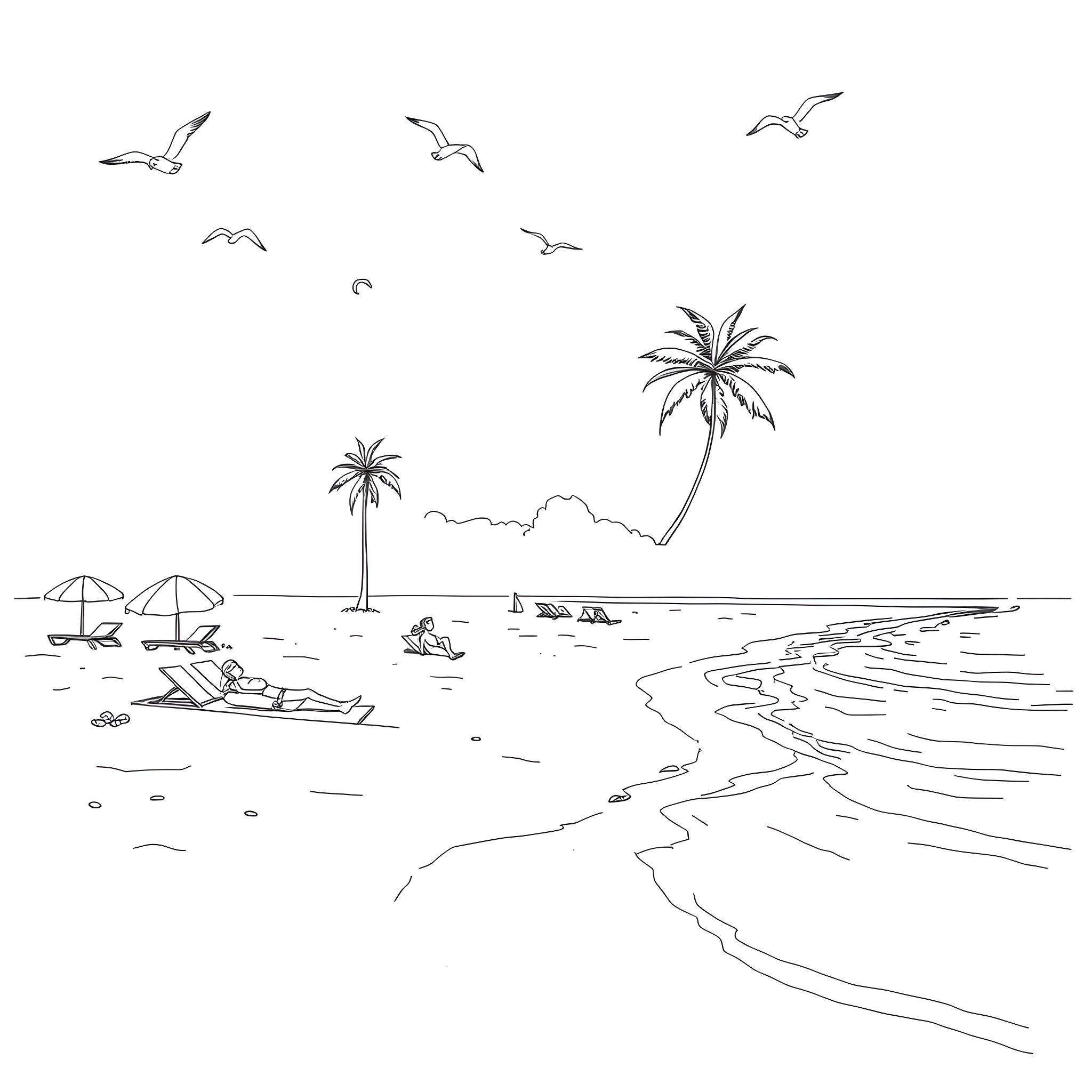 Beach scene with palm trees and seagulls Coloring Page (free black-and-white line drawing printable PDF for all, from beginners to advanced learners, including children, teens, adults, and seniors)