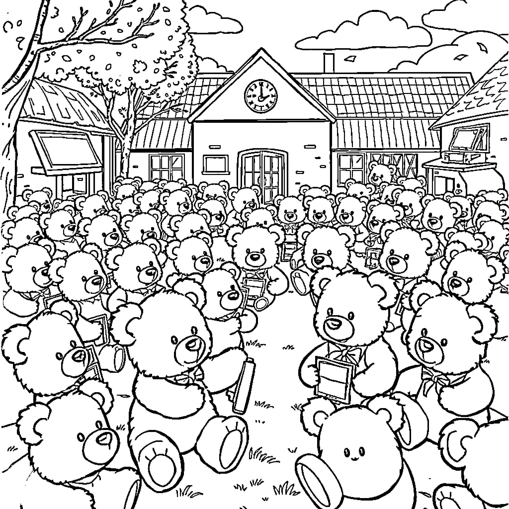 Teddy Bears Gathered Joyfully at the School Coloring Page (free black-and-white line drawing printable PDF for all, from beginners to advanced learners, including children, teens, adults, and seniors)