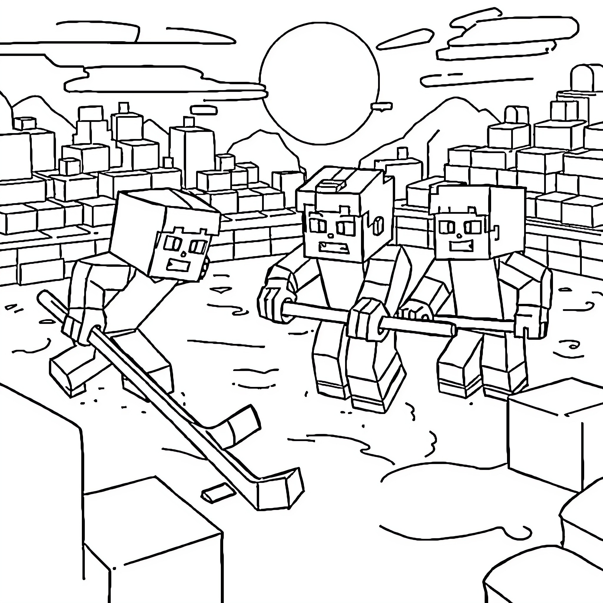 Minecraft characters exploring a city landscape Coloring Page (free black-and-white line drawing printable PDF for all, from beginners to advanced learners, including children, teens, adults, and seniors)