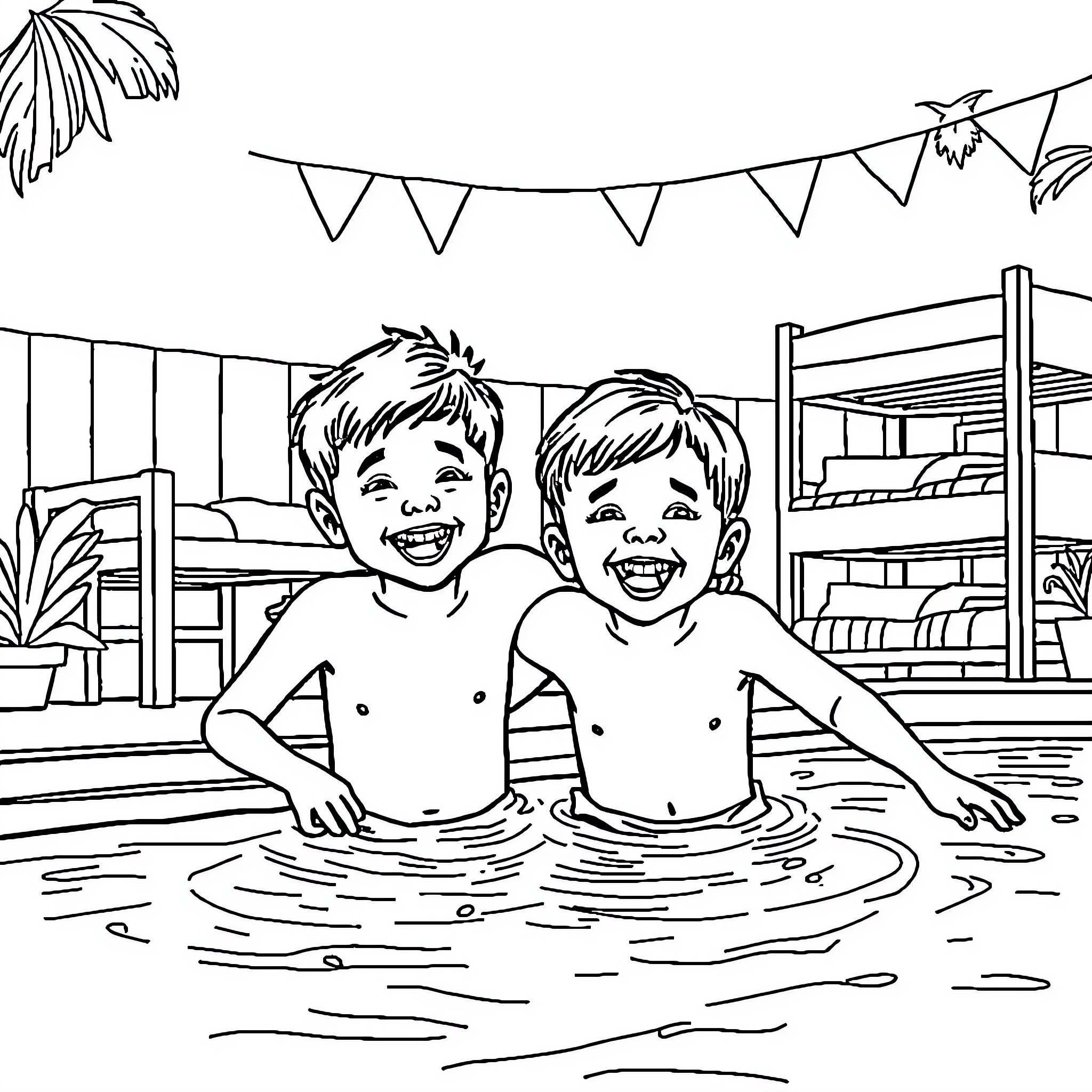 Brothers playing joyfully in the pool Coloring Page (free black-and-white line drawing printable PDF for all, from beginners to advanced learners, including children, teens, adults, and seniors)