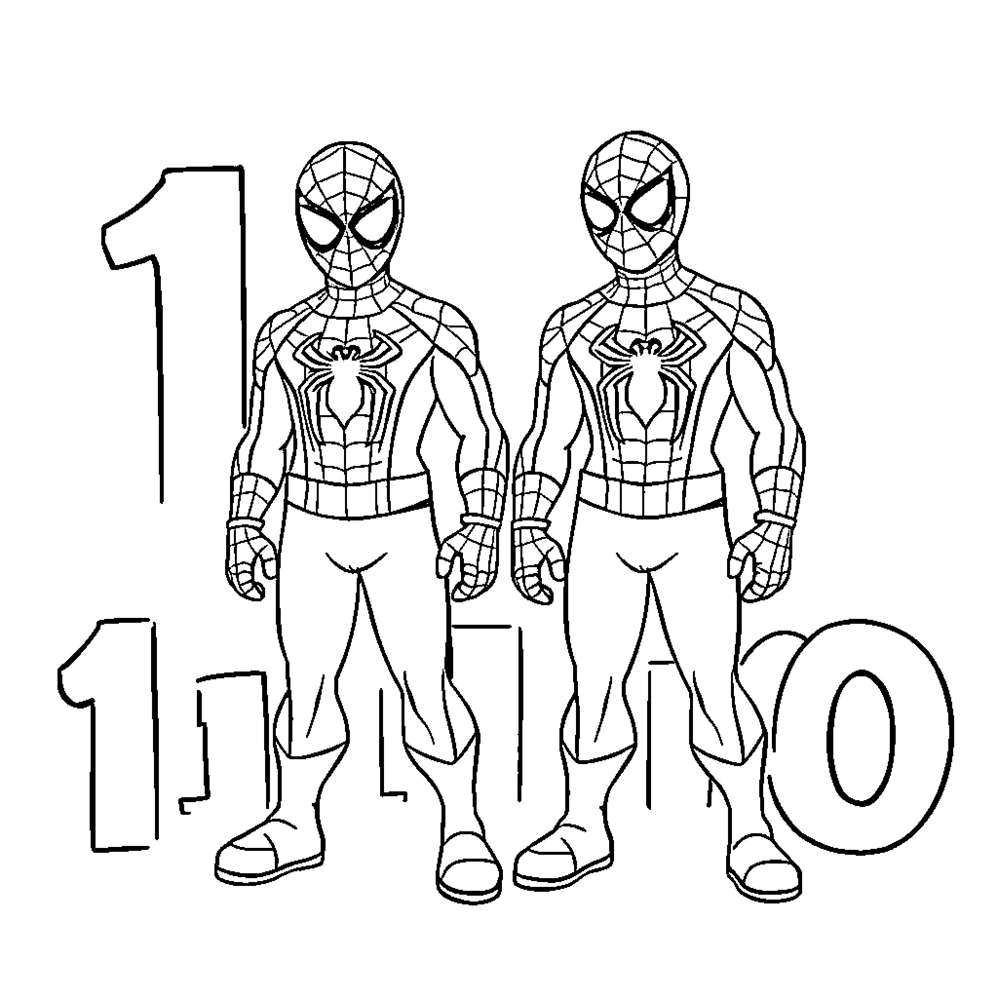 Spiderman characters in heroic poses Coloring Page (free black-and-white line drawing printable PDF for all, from beginners to advanced learners, including children, teens, adults, and seniors)