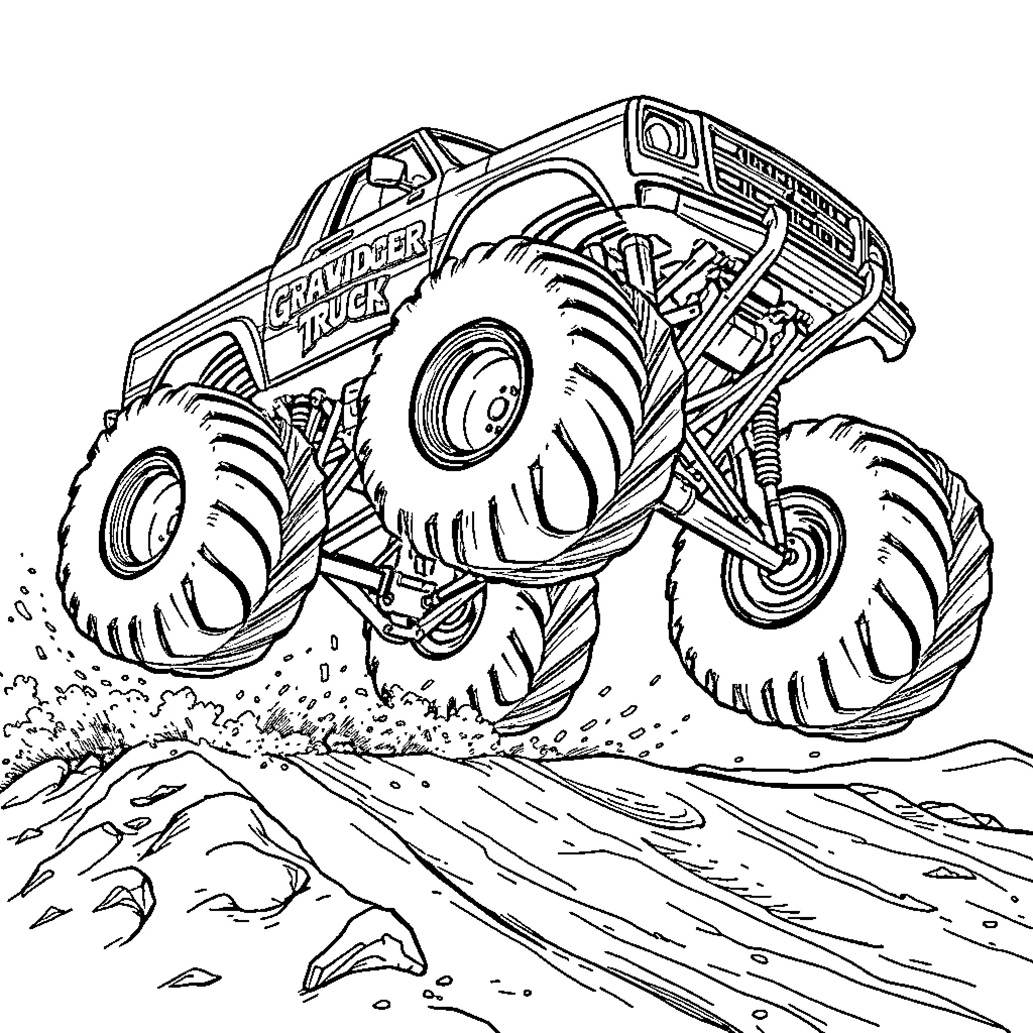 Gravedigger truck tackling rough terrain Coloring Page (free black-and-white line drawing printable PDF for all, from beginners to advanced learners, including children, teens, adults, and seniors)