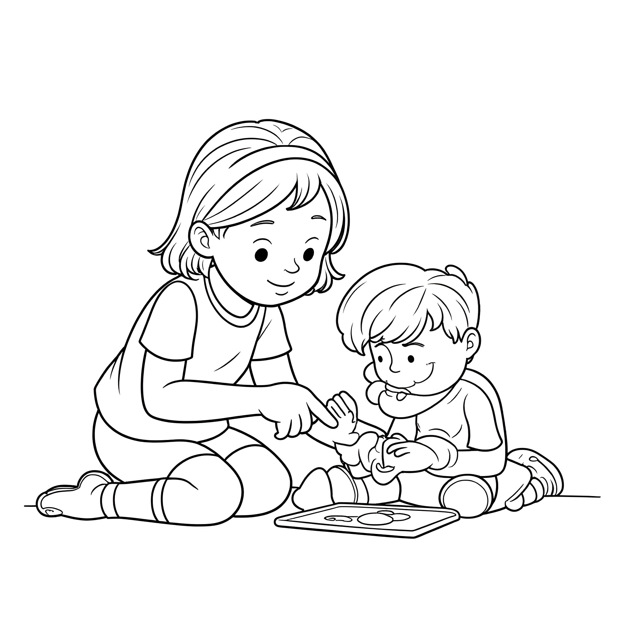 Sister playing with young boy on the floor Coloring Page (free black-and-white line drawing printable PDF for all, from beginners to advanced learners, including children, teens, adults, and seniors)