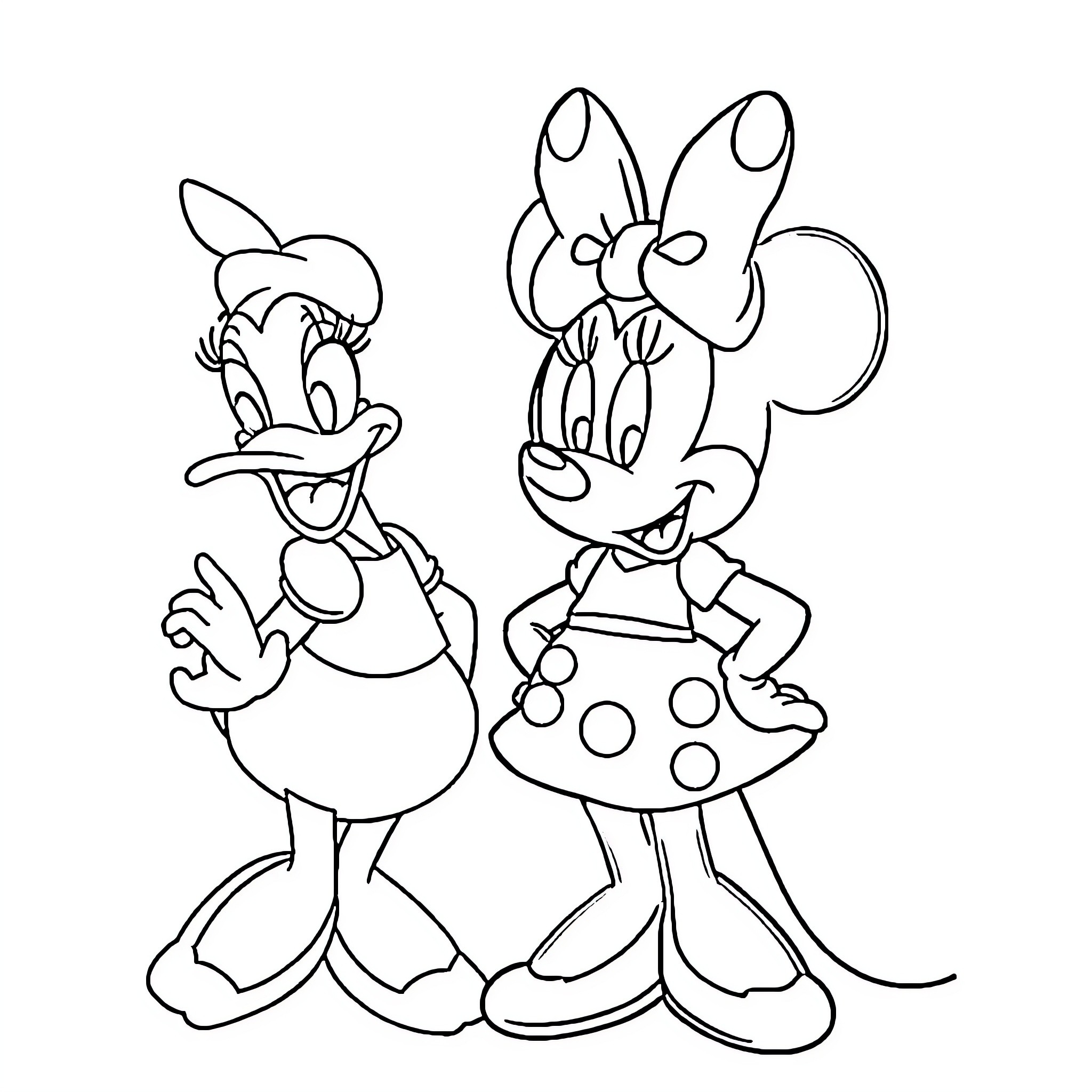 Minnie Mouse and Daisy Duck enjoying a playful moment Coloring Page (free black-and-white line drawing printable PDF for all, from beginners to advanced learners, including children, teens, adults, and seniors)