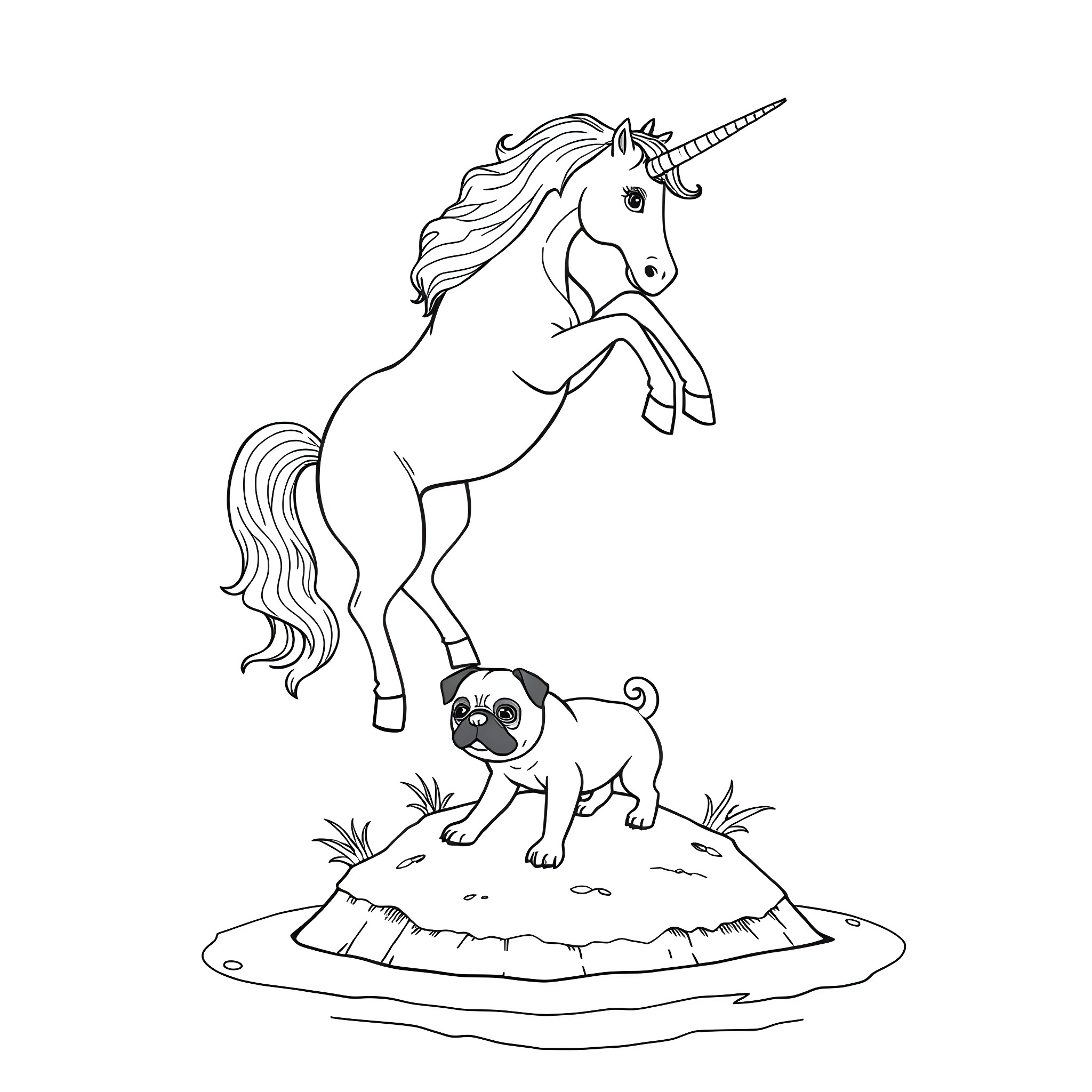 Unicorn playing with a pug in a fantasy landscape Coloring Page (free black-and-white line drawing printable PDF for all, from beginners to advanced learners, including children, teens, adults, and seniors)