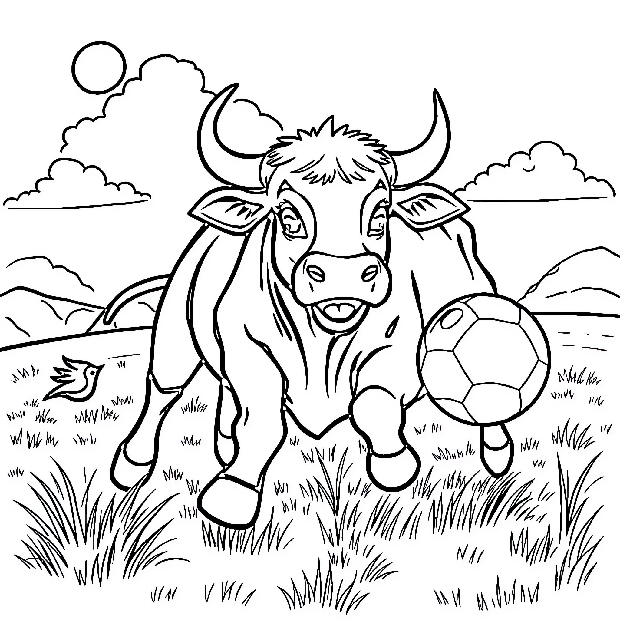 Bull playing with soccer ball in a field Coloring Page (free black-and-white line drawing printable PDF for all, from beginners to advanced learners, including children, teens, adults, and seniors)