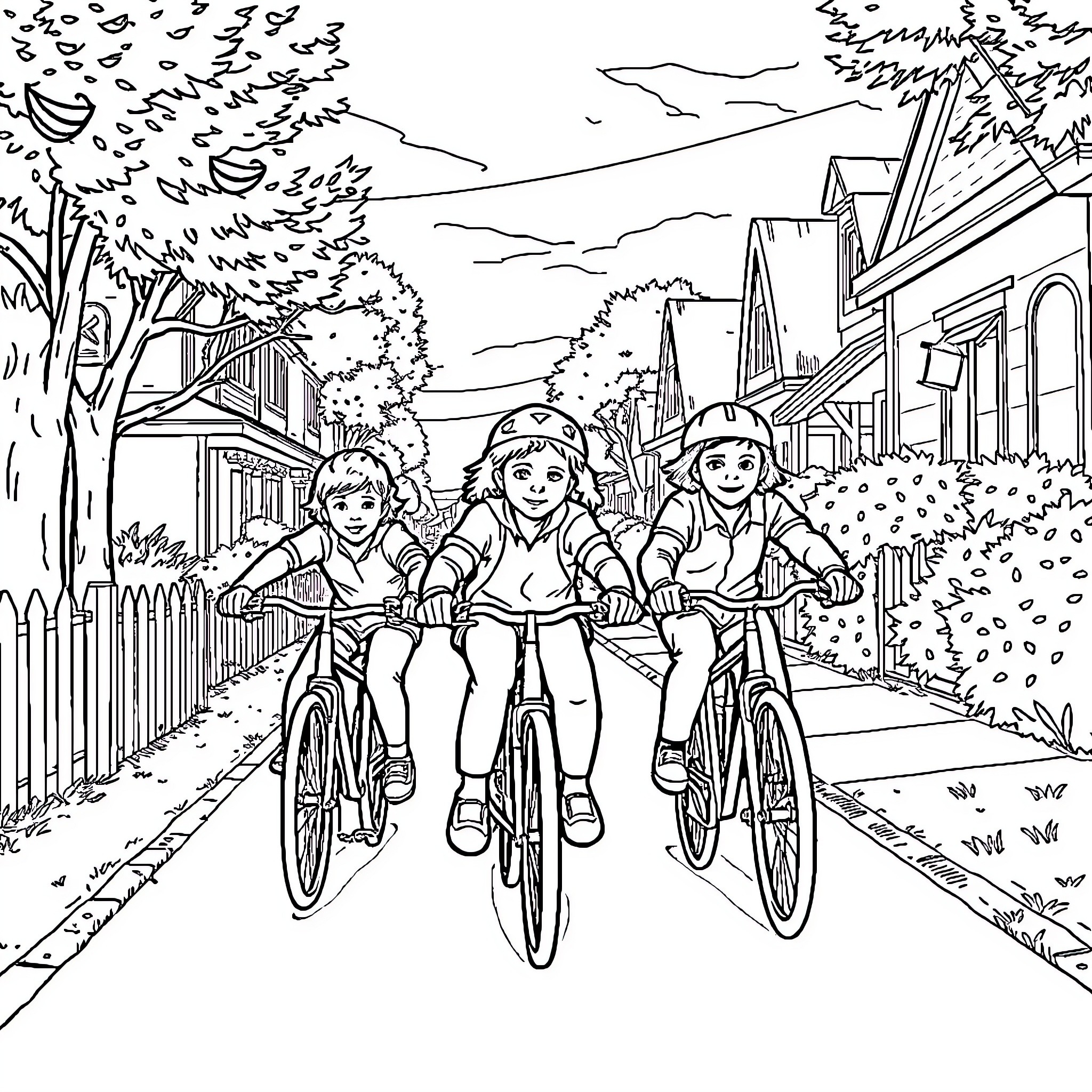 Stranger Things Biking Adventure in the Neighborhood Coloring Page (free black-and-white line drawing printable PDF for all, from beginners to advanced learners, including children, teens, adults, and seniors)