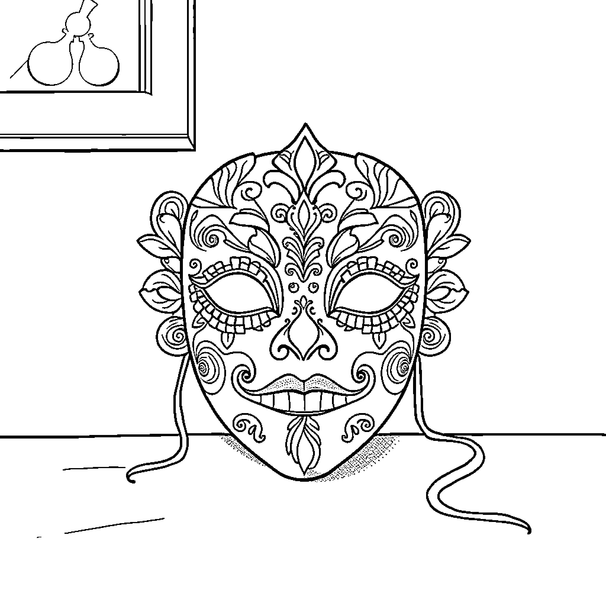 Mask with Intricate Floral Patterns Coloring Page (free black-and-white line drawing printable PDF for all, from beginners to advanced learners, including children, teens, adults, and seniors)