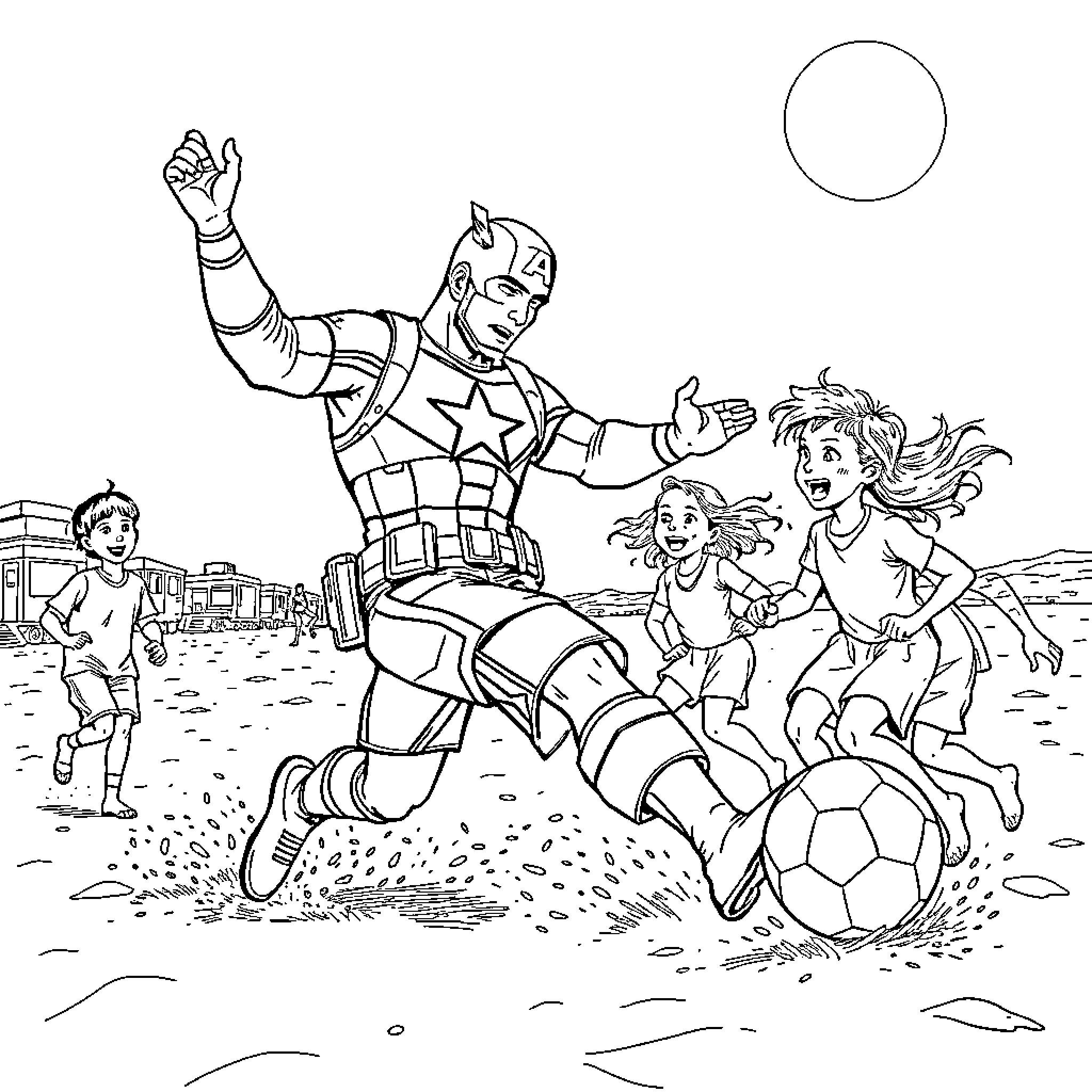 Captain America Plays Soccer with Children Coloring Page (free black-and-white line drawing printable PDF for all, from beginners to advanced learners, including children, teens, adults, and seniors)