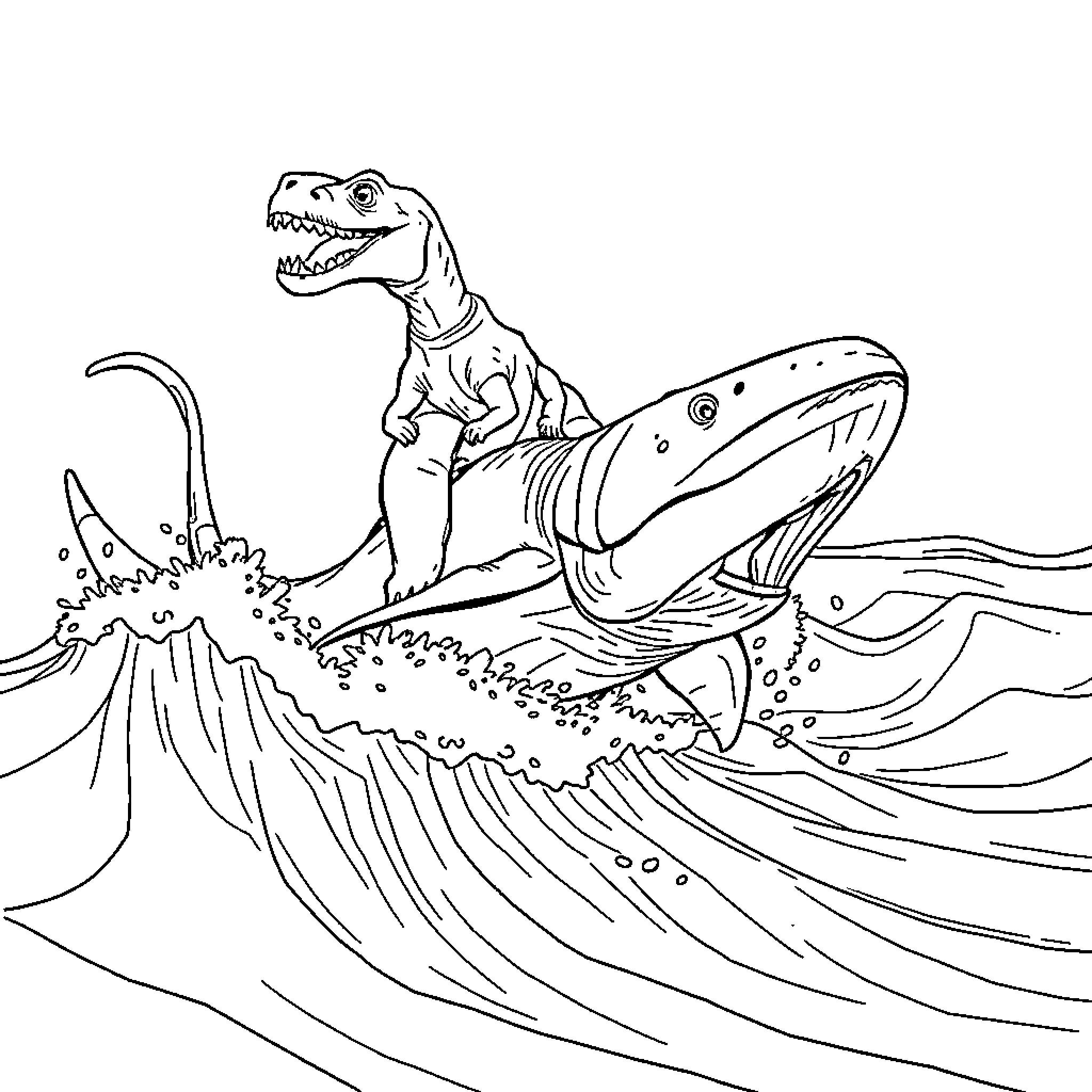 Dinosaur riding a giant shark in the waves Coloring Page (free black-and-white line drawing printable PDF for all, from beginners to advanced learners, including children, teens, adults, and seniors)