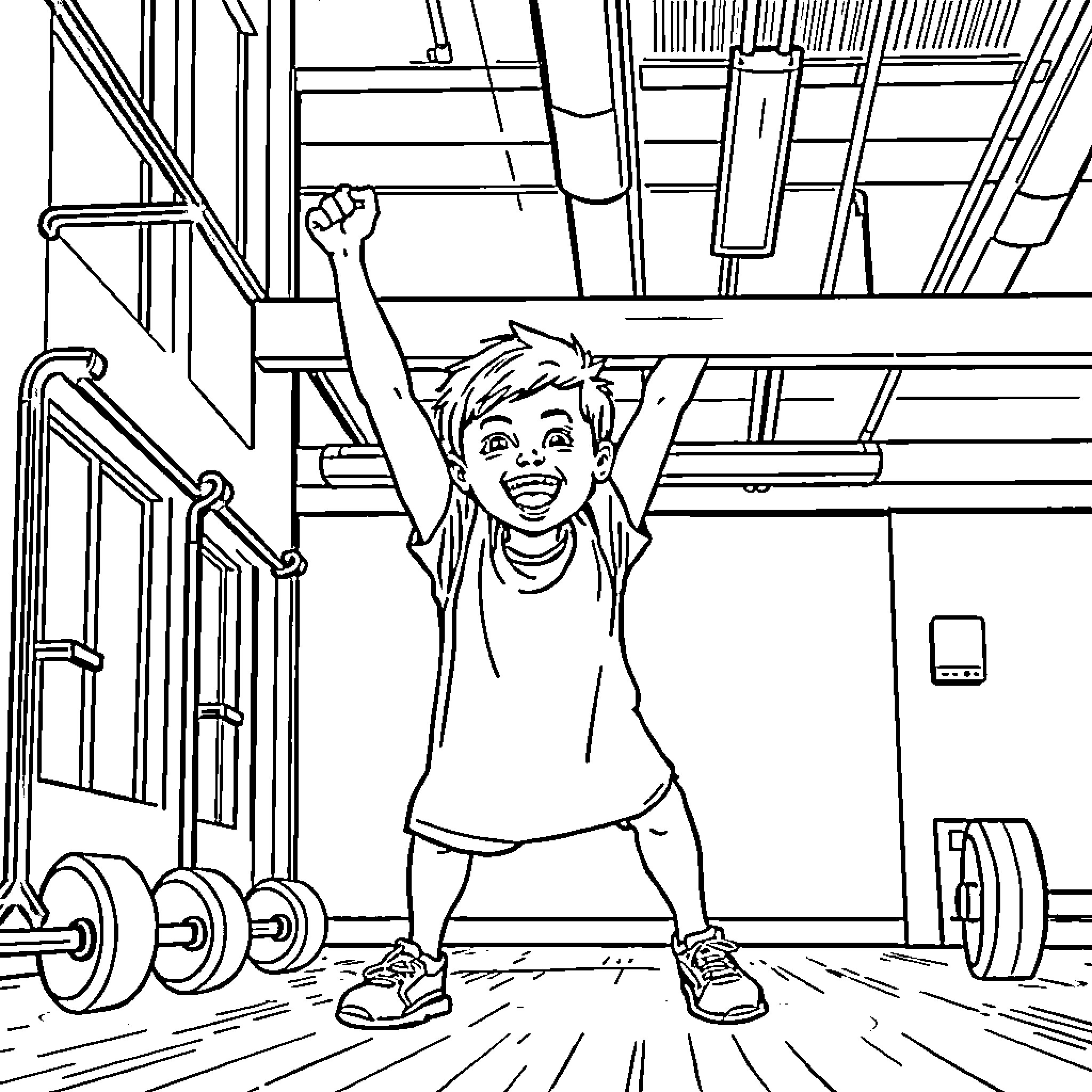 Child exercising joyfully in the gym Coloring Page (free black-and-white line drawing printable PDF for all, from beginners to advanced learners, including children, teens, adults, and seniors)