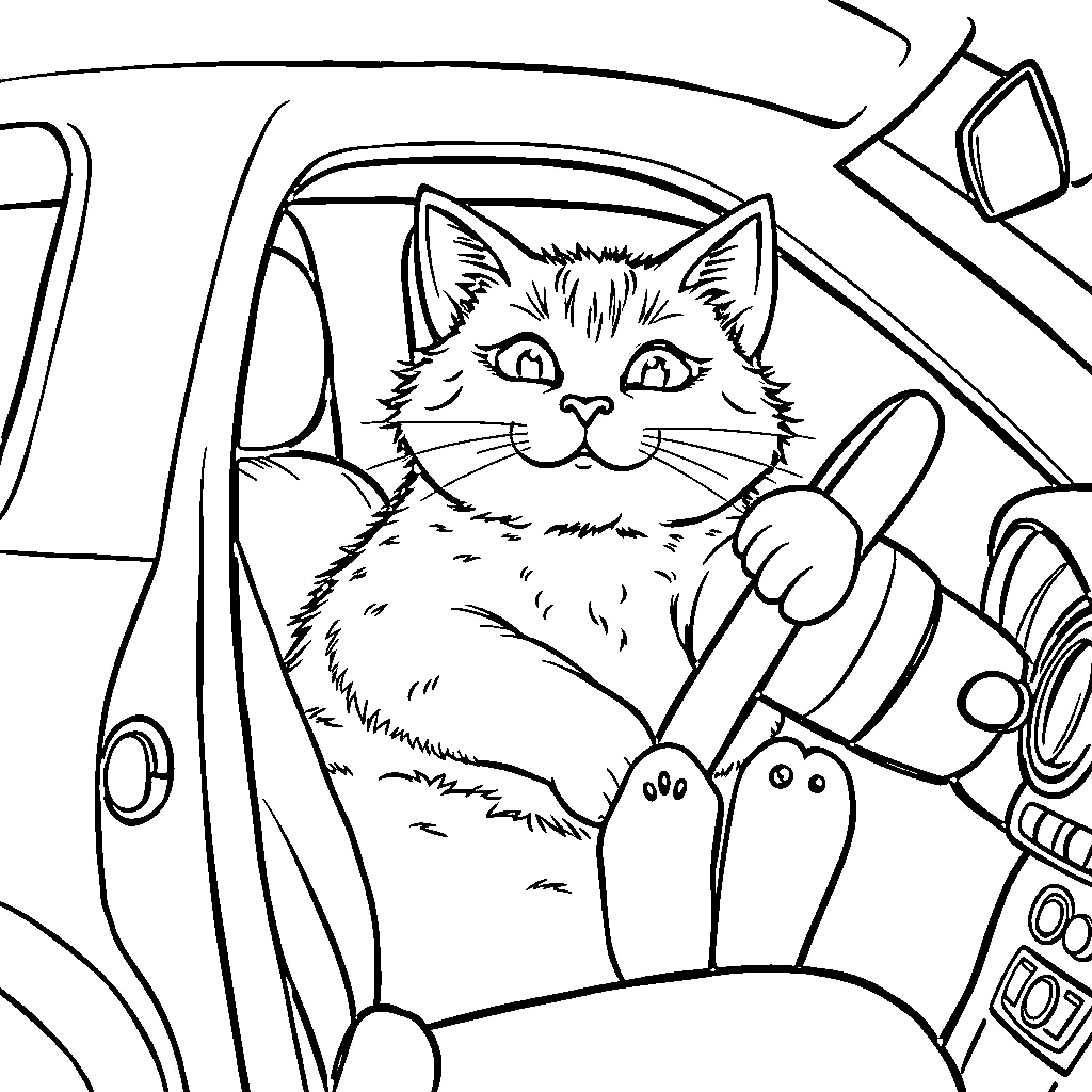 Cat driving a car Coloring Page (free black-and-white line drawing printable PDF for all, from beginners to advanced learners, including children, teens, adults, and seniors)
