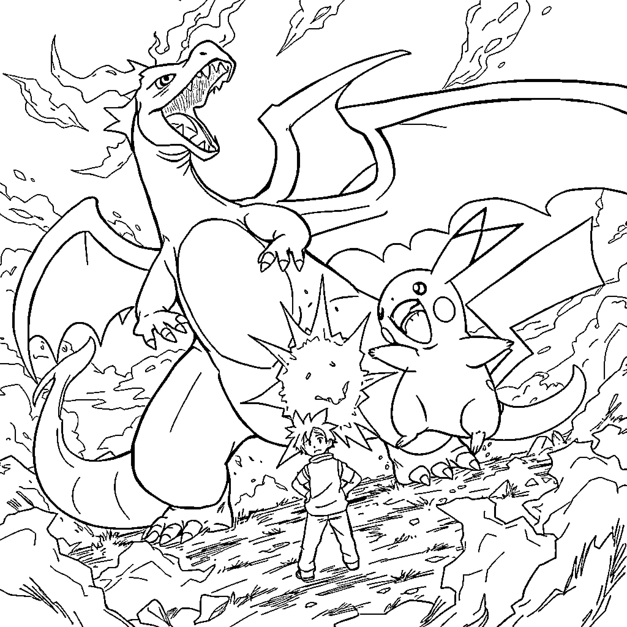 Charizard and Pikachu facing fierce opponents in a dangerous battle Coloring Page (free black-and-white line drawing printable PDF for all, from beginners to advanced learners, including children, teens, adults, and seniors)