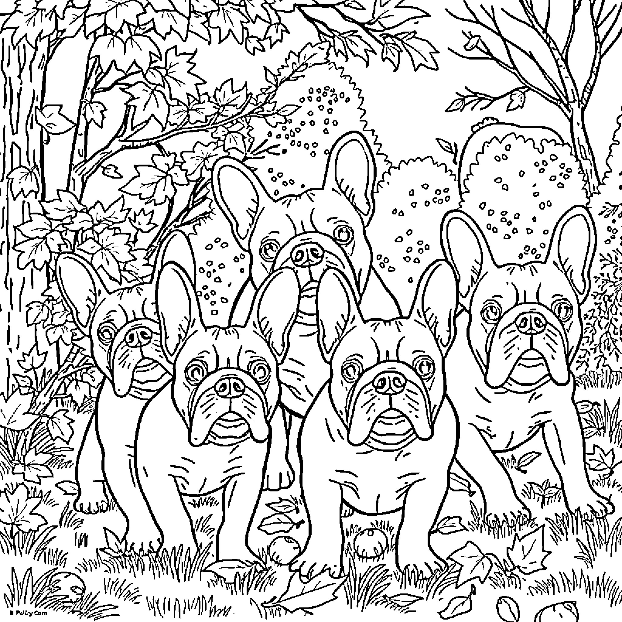 English Bulldogs Exploring the Autumn Foliage Coloring Page (free black-and-white line drawing printable PDF for all, from beginners to advanced learners, including children, teens, adults, and seniors)